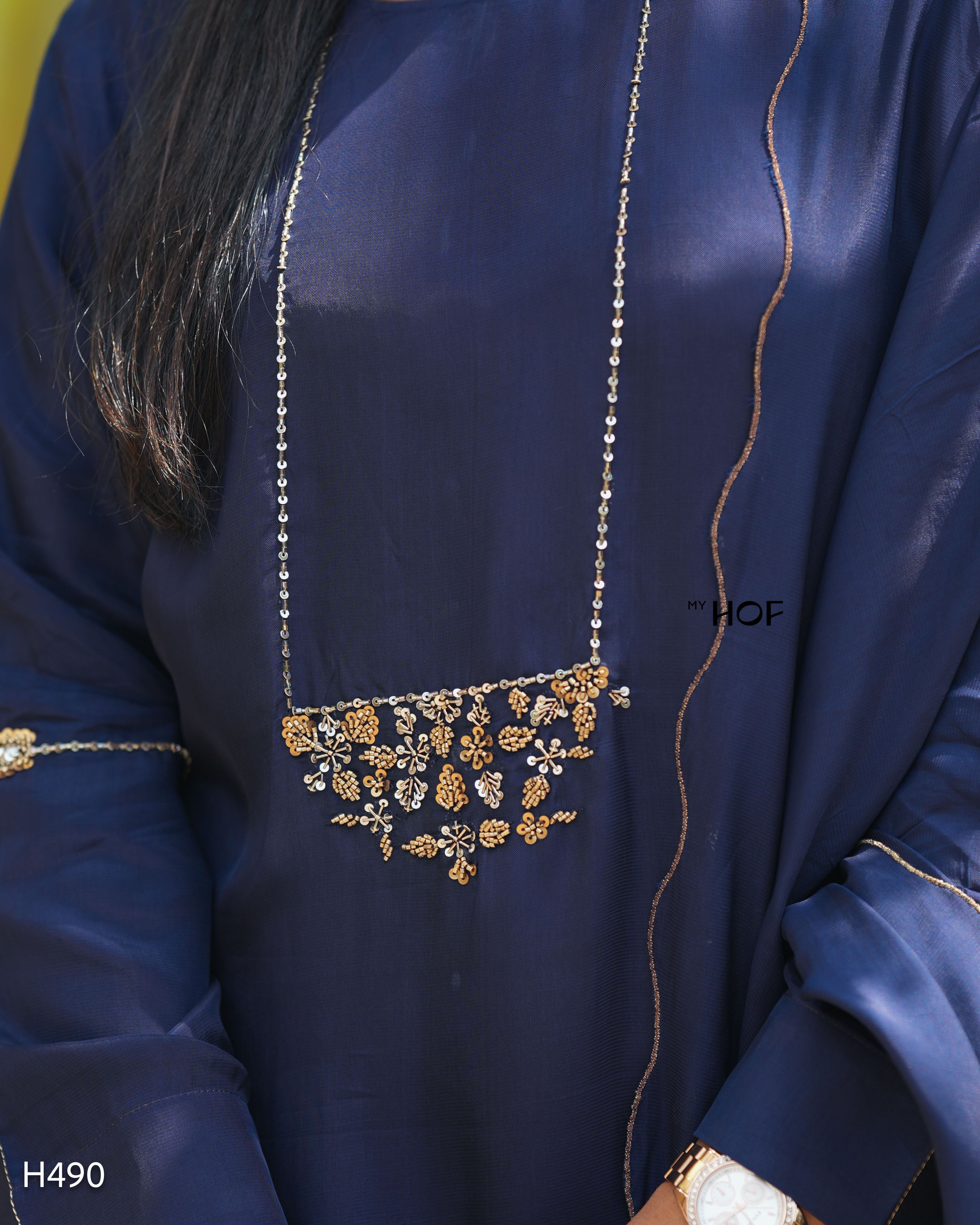 MY HOF Navy Blue Suit Set With Hand Embroidery In Crepe
