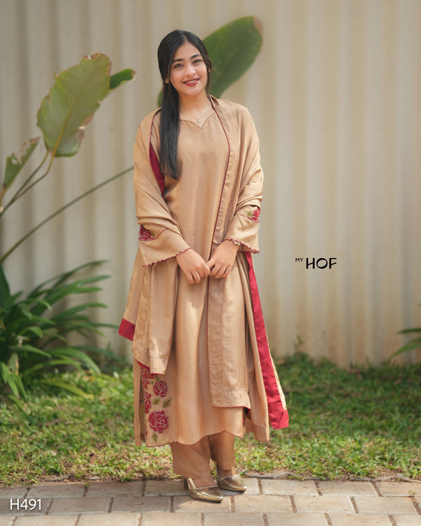 MY HOF Caramel Suit Set With Floral Thread Embroidery In Crepe