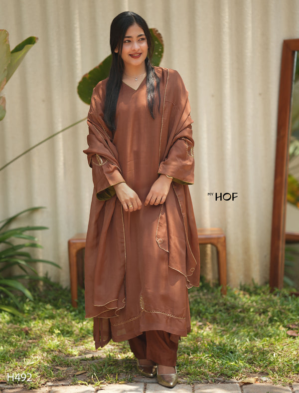 MY HOF Brown Suit Set With Hand Embroidery In Crepe