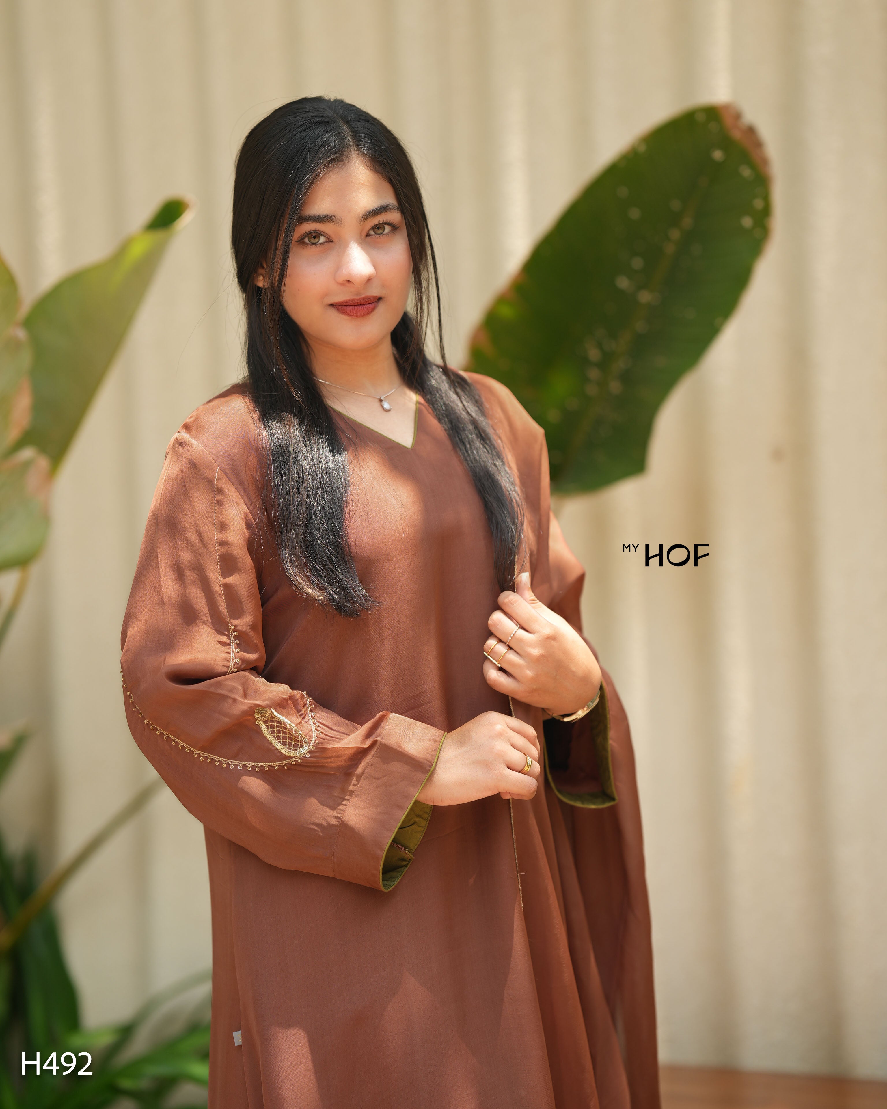 MY HOF Brown Suit Set With Hand Embroidery In Organza