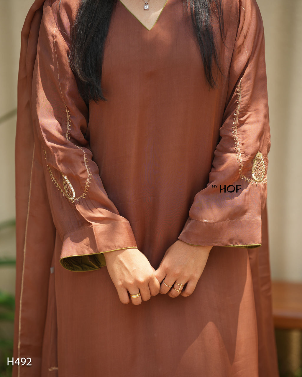 MY HOF Brown Suit Set With Hand Embroidery In Organza