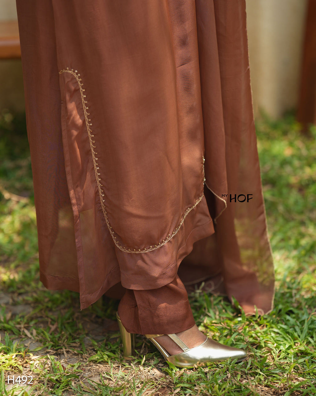 MY HOF Brown Suit Set With Hand Embroidery In Organza