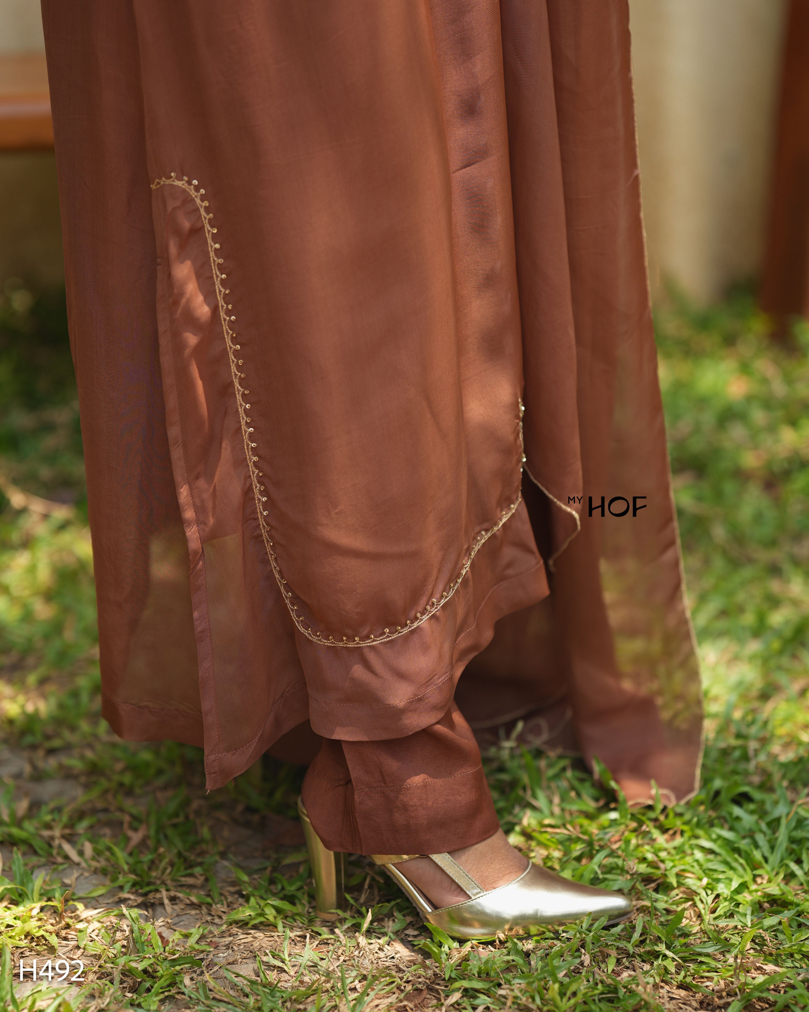 MY HOF Brown Suit Set With Hand Embroidery In Organza