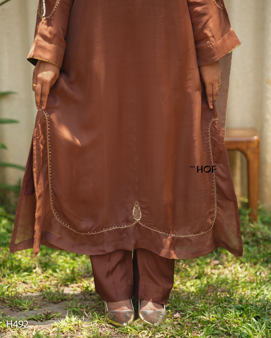 MY HOF Brown Suit Set With Hand Embroidery In Organza