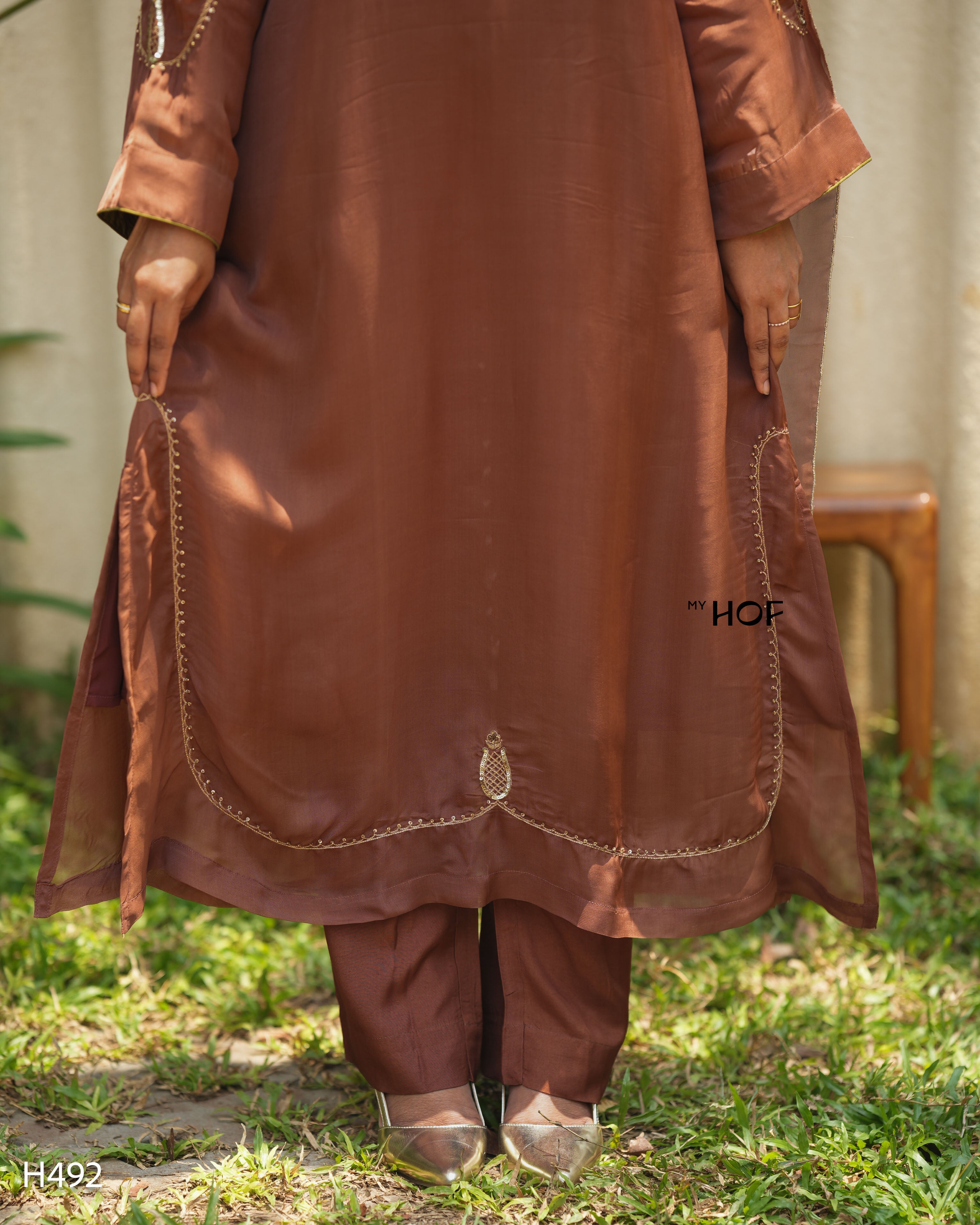 MY HOF Brown Suit Set With Hand Embroidery In Organza