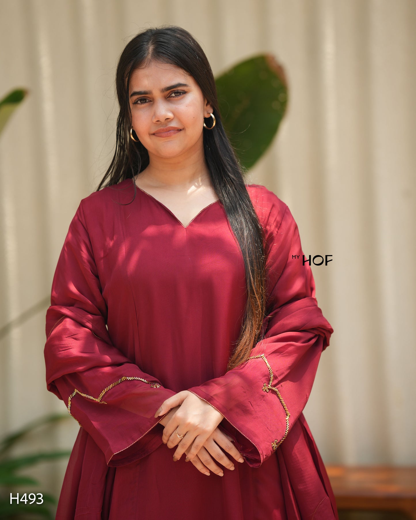 MY HOF Maroon Suit Set With Hand Embroidery In organza