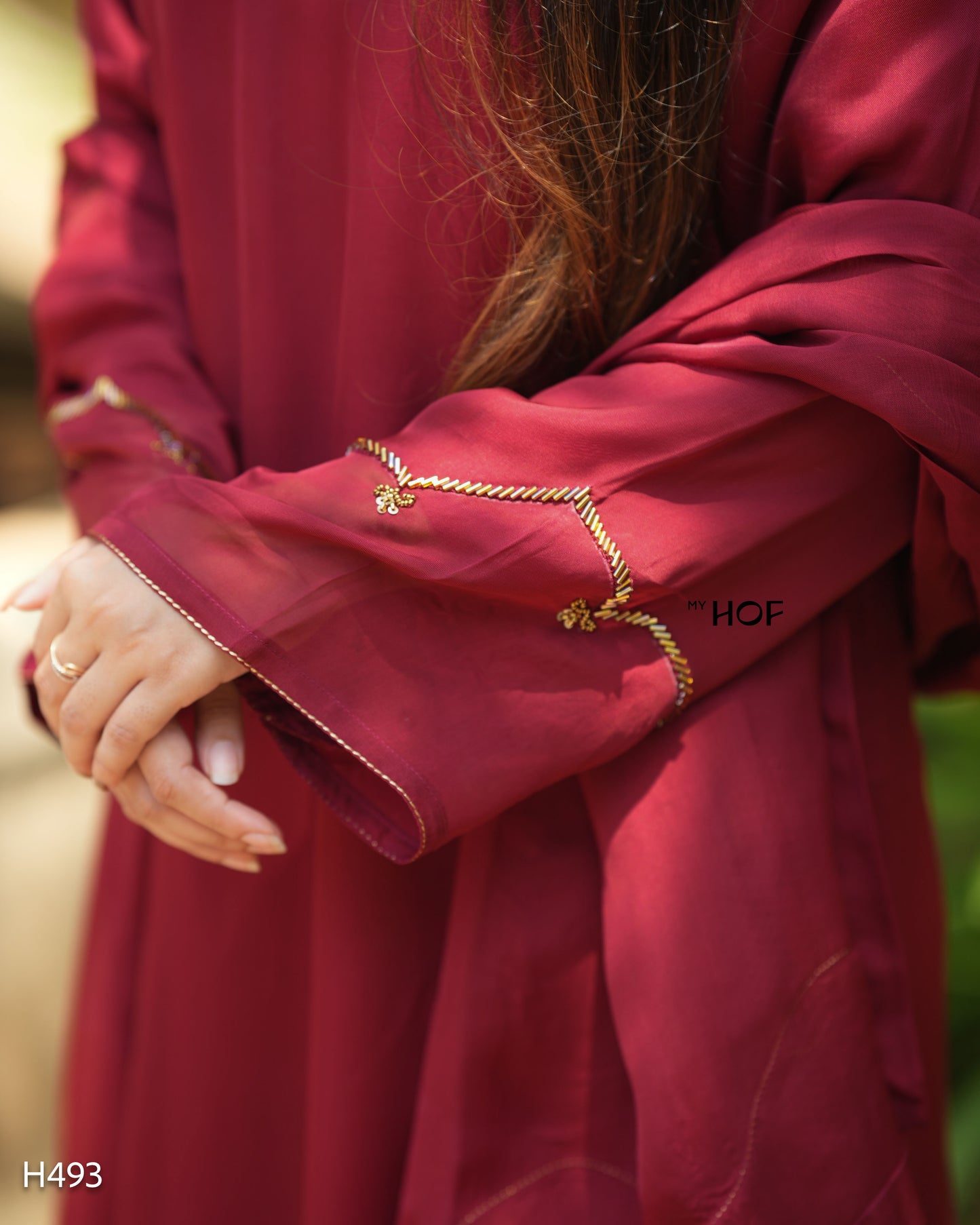 MY HOF Maroon Suit Set With Hand Embroidery In organza