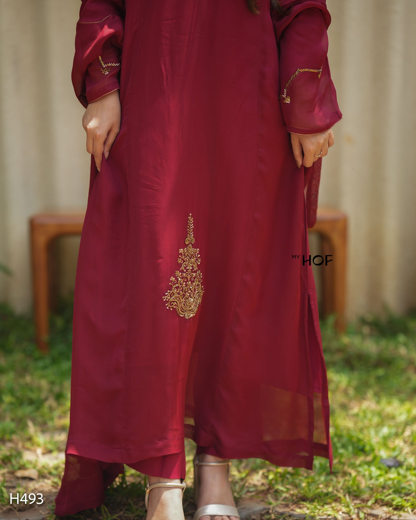 MY HOF Maroon Suit Set With Hand Embroidery In organza