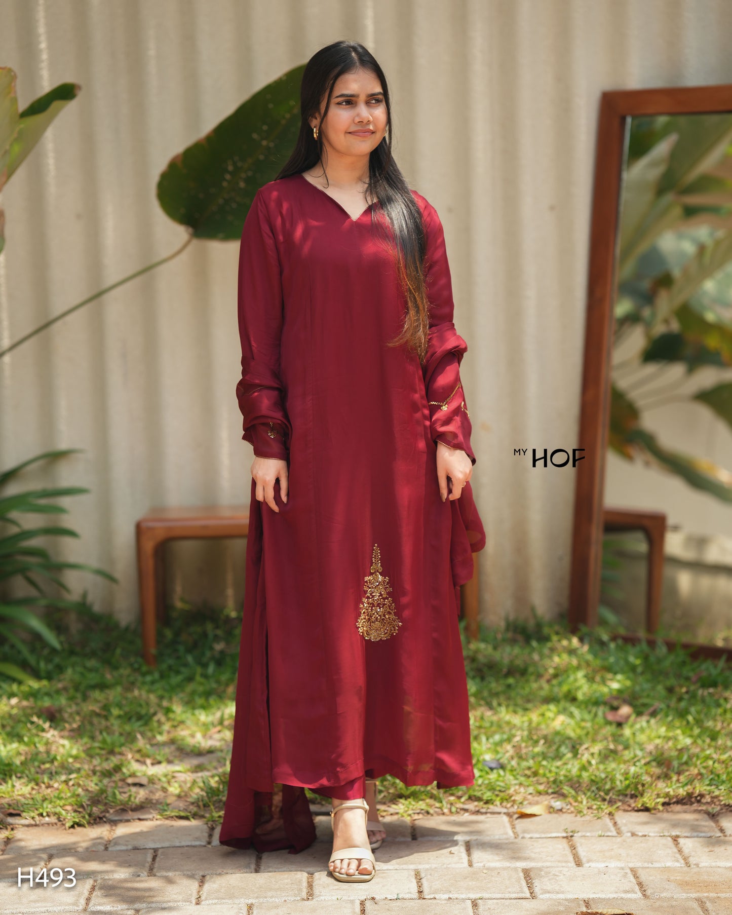 MY HOF Maroon Suit Set With Hand Embroidery In organza