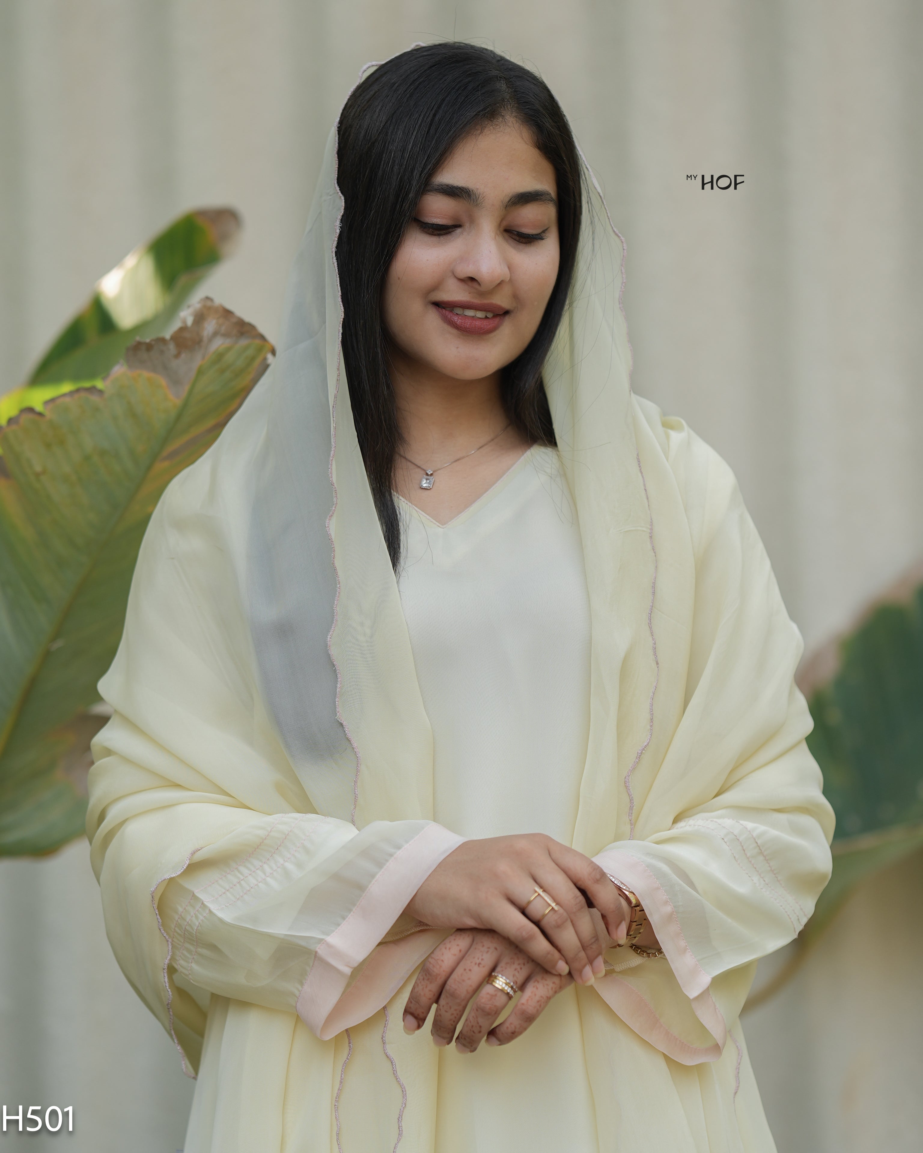 MY HOF Lemon Yellow Suit Set With Hand Embroidery In Organza