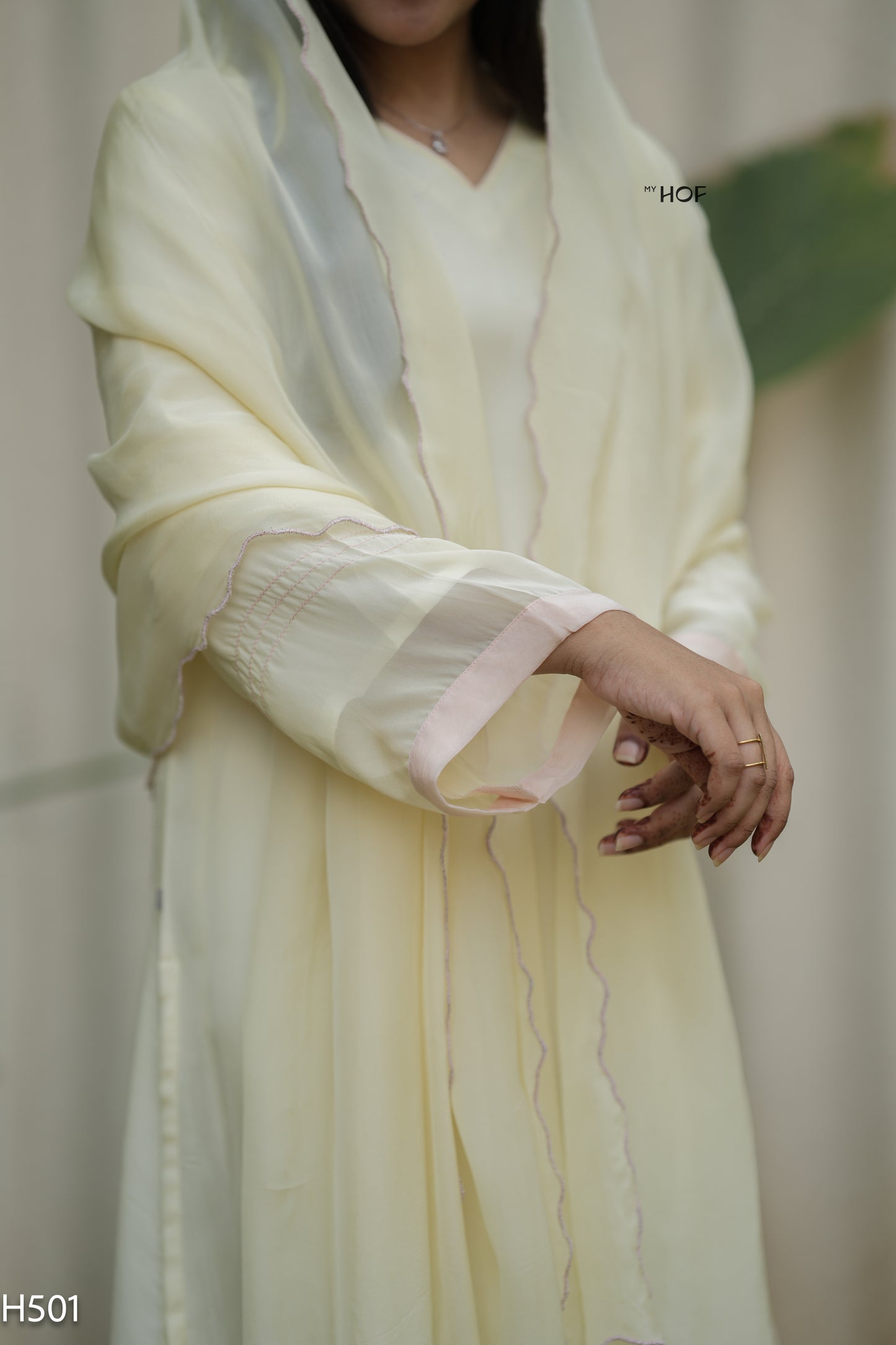 MY HOF Lemon Yellow Suit Set With Hand Embroidery In Organza