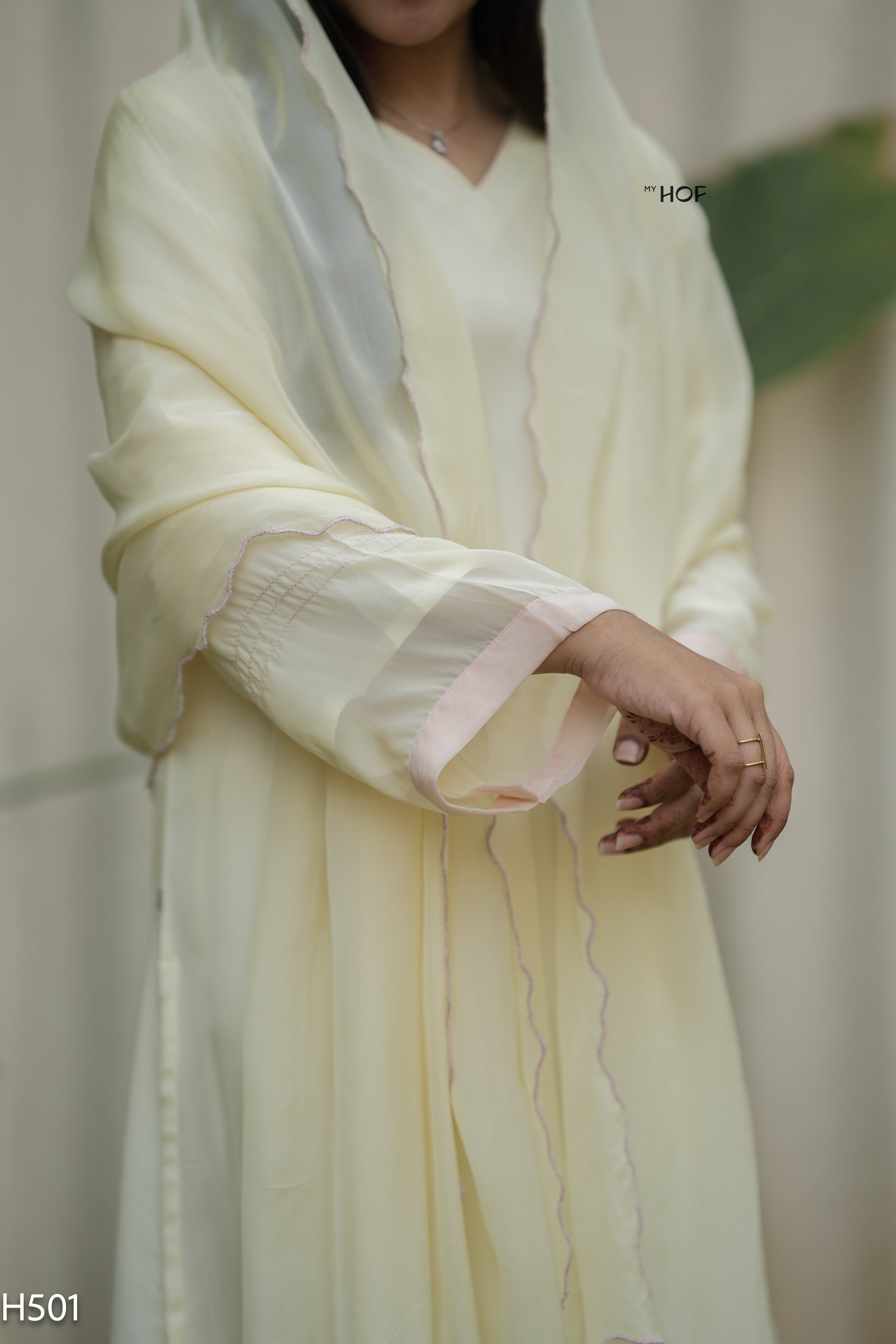 MY HOF Lemon Yellow Suit Set With Hand Embroidery In Organza