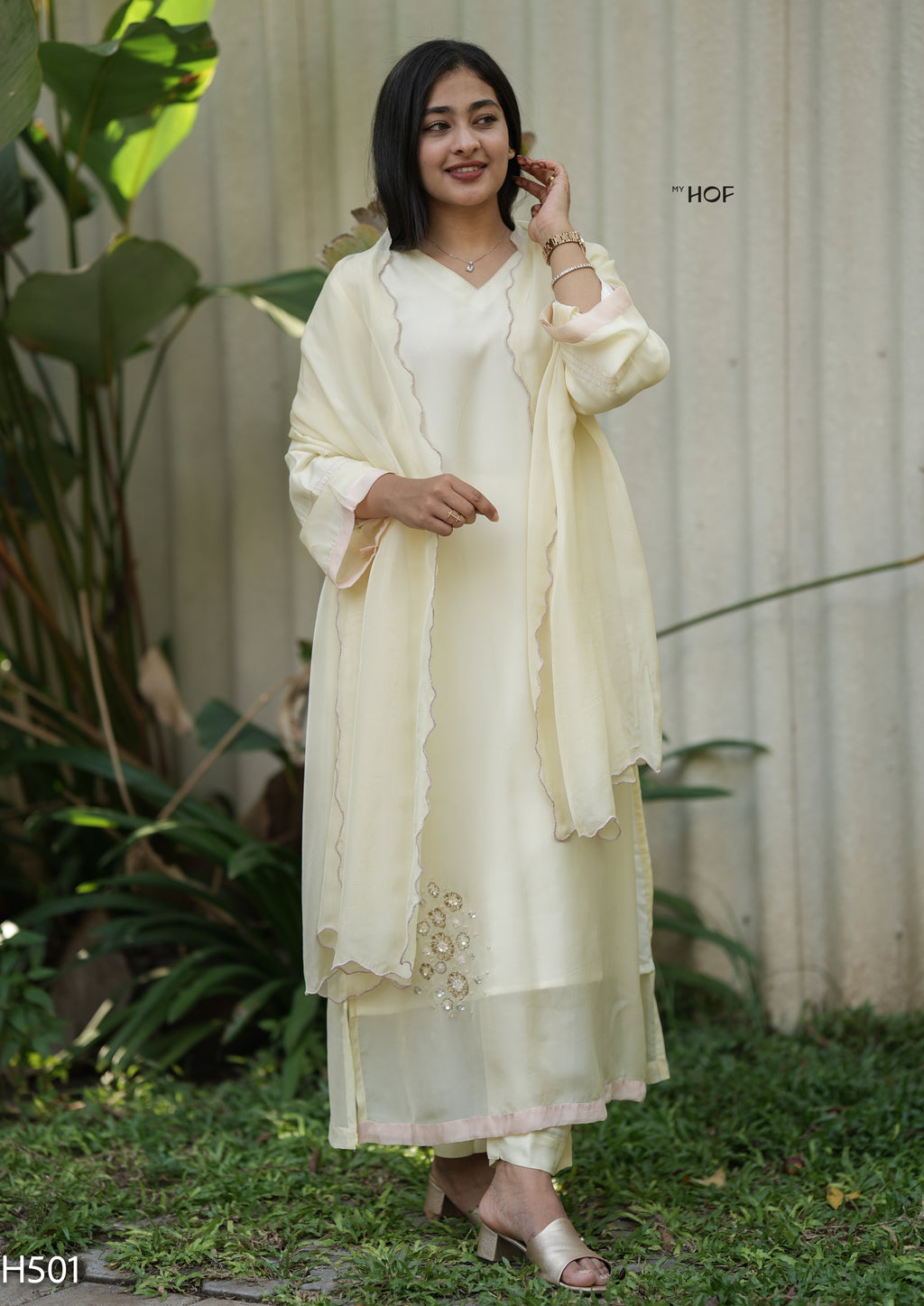 MY HOF Lemon Yellow Suit Set With Hand Embroidery In Organza