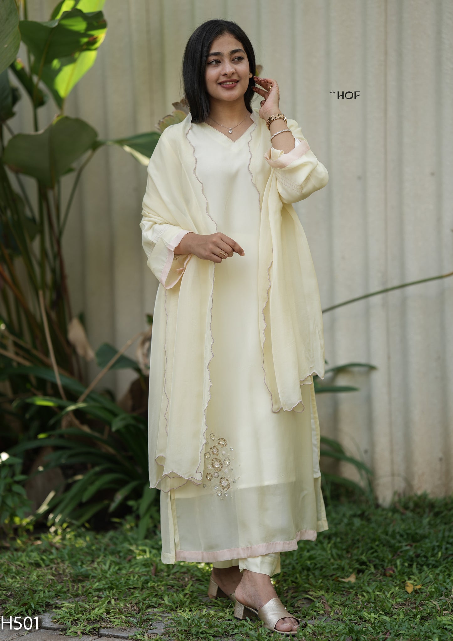 MY HOF Lemon Yellow Suit Set With Hand Embroidery In Organza