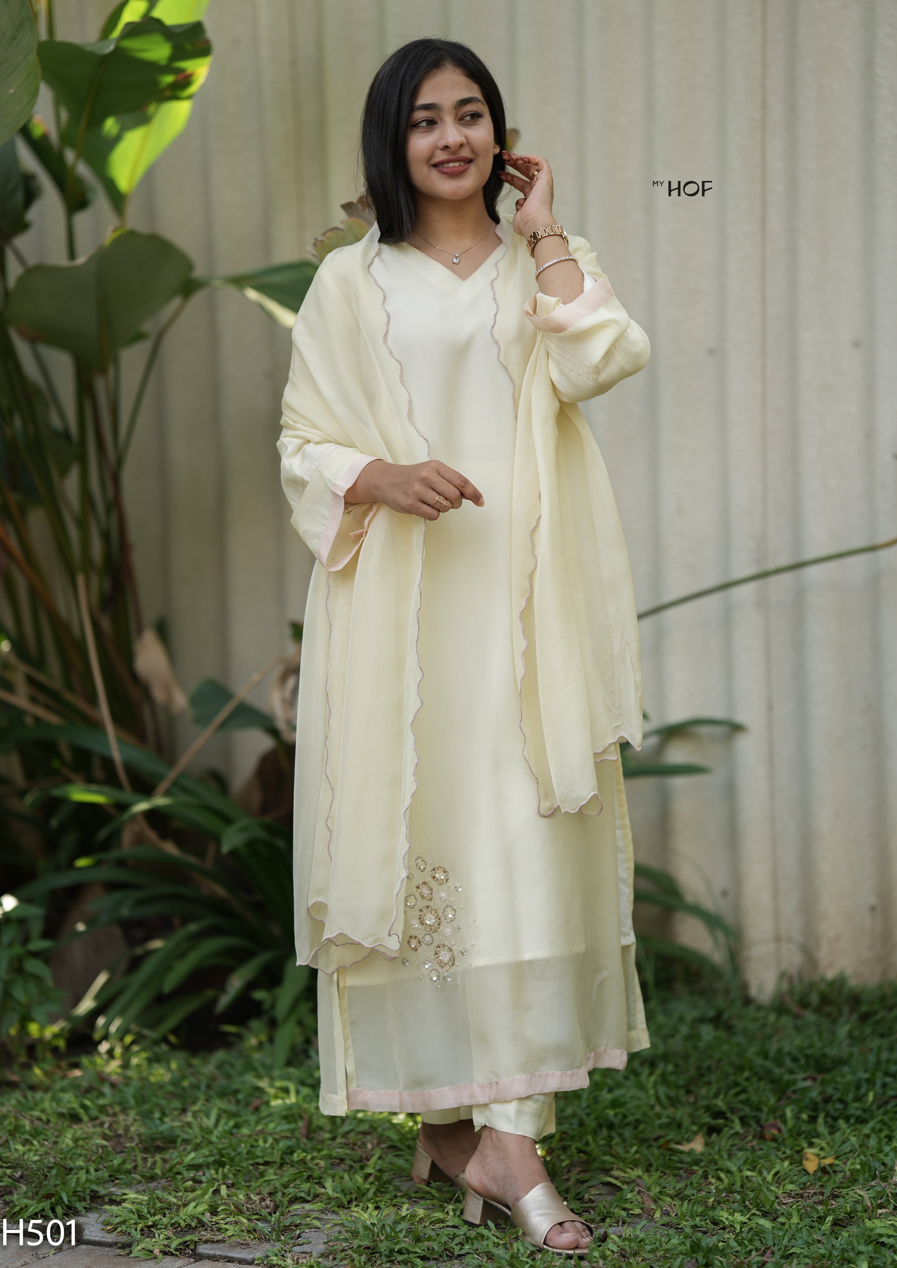 MY HOF Lemon Yellow Suit Set With Hand Embroidery In Organza