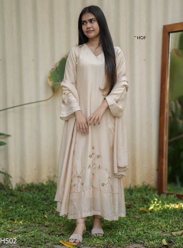 MY HOF Beige Suit Set With Hand Embroidery In Crepe