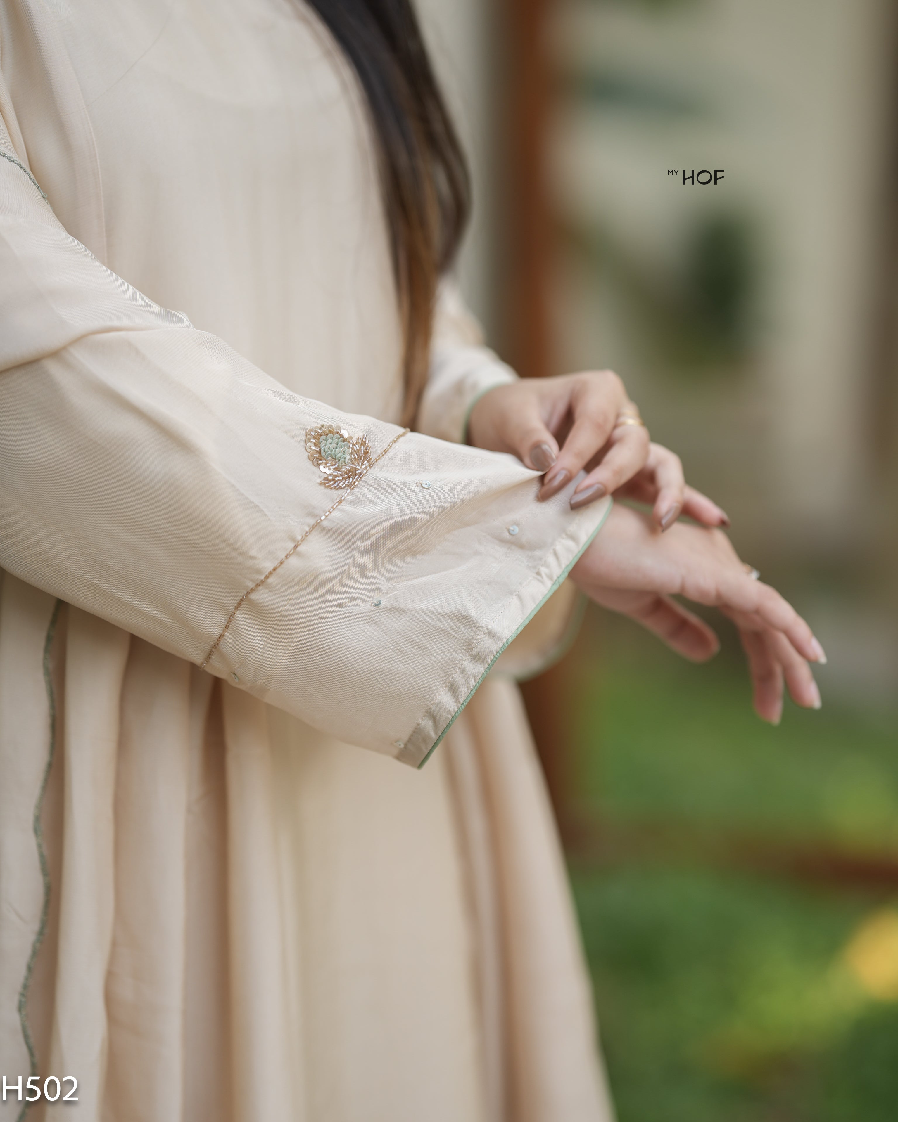 MY HOF Beige Suit Set With Hand Embroidery In Crepe