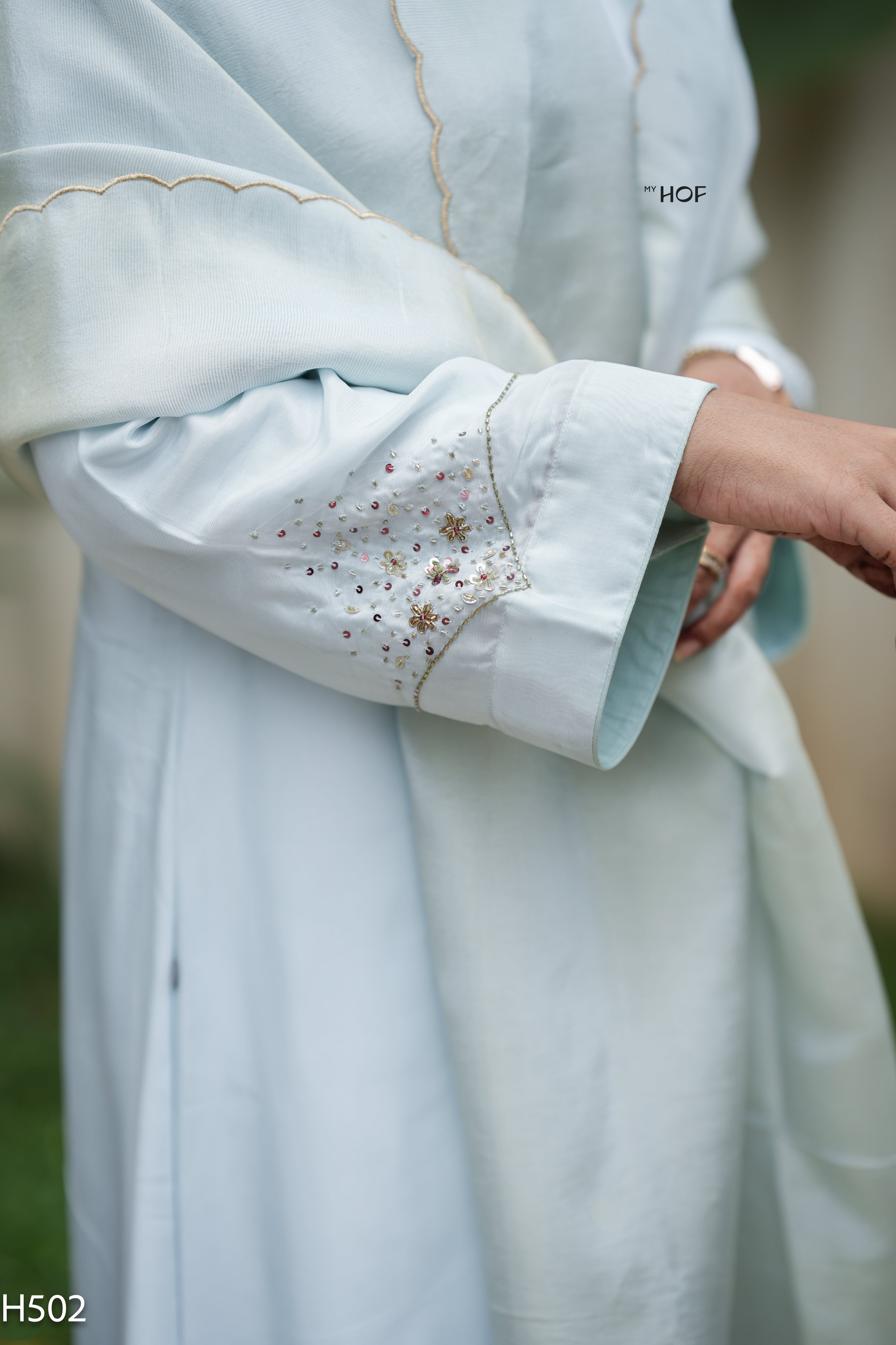 MY HOF Aqua Blue Suit Set With Hand Embroidery In Crepe