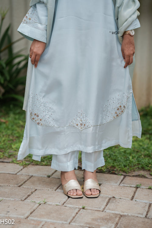 MY HOF Aqua Blue Suit Set With Hand Embroidery In Crepe
