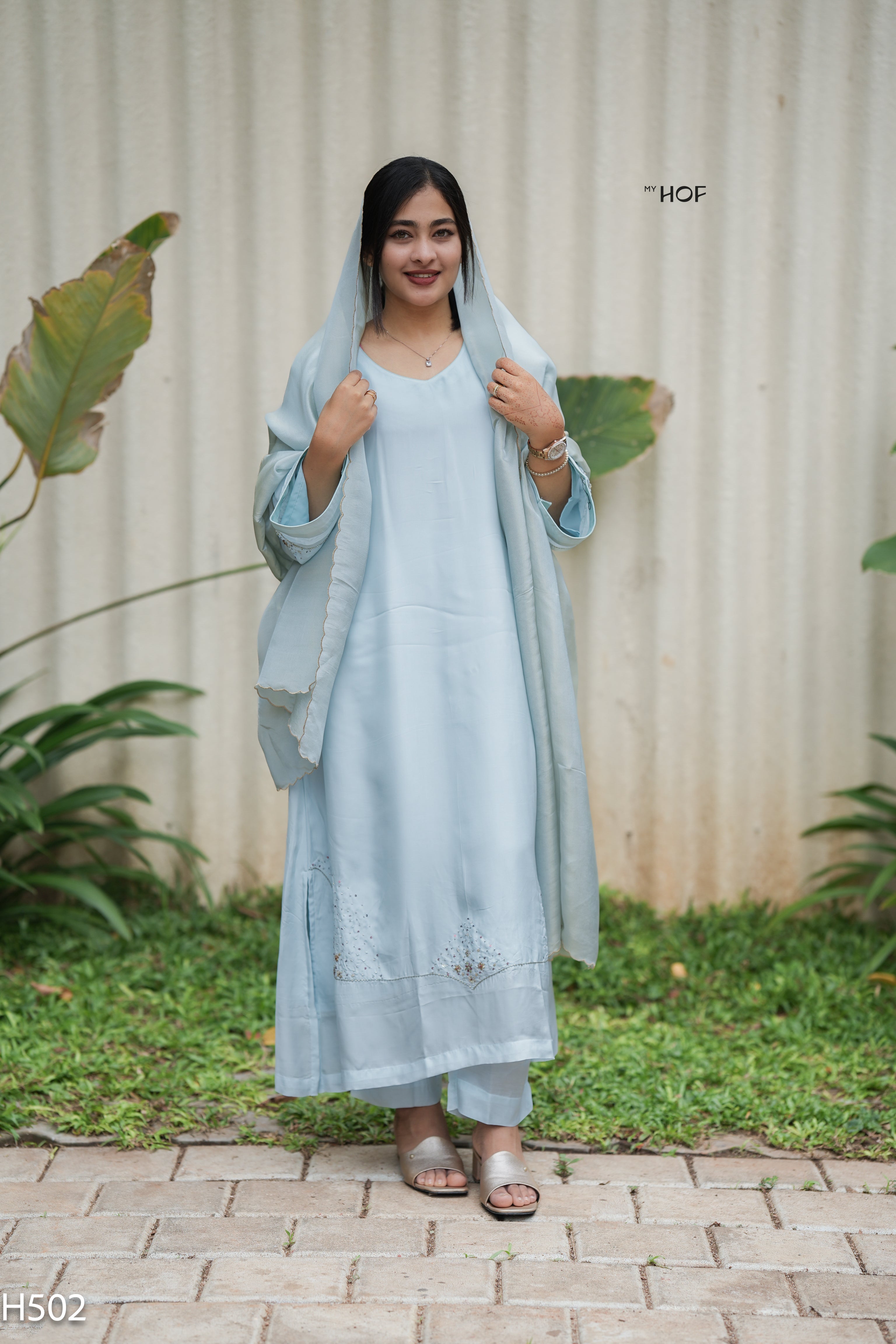 MY HOF Aqua Blue Suit Set With Hand Embroidery In Crepe