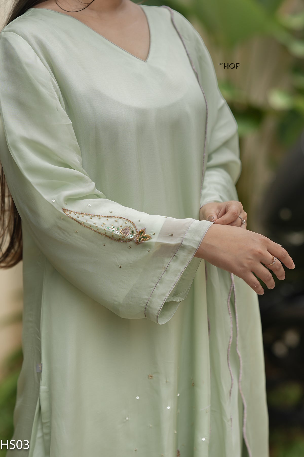 MY HOF Pista Green Suit Set With Hand Embroidery In Organza