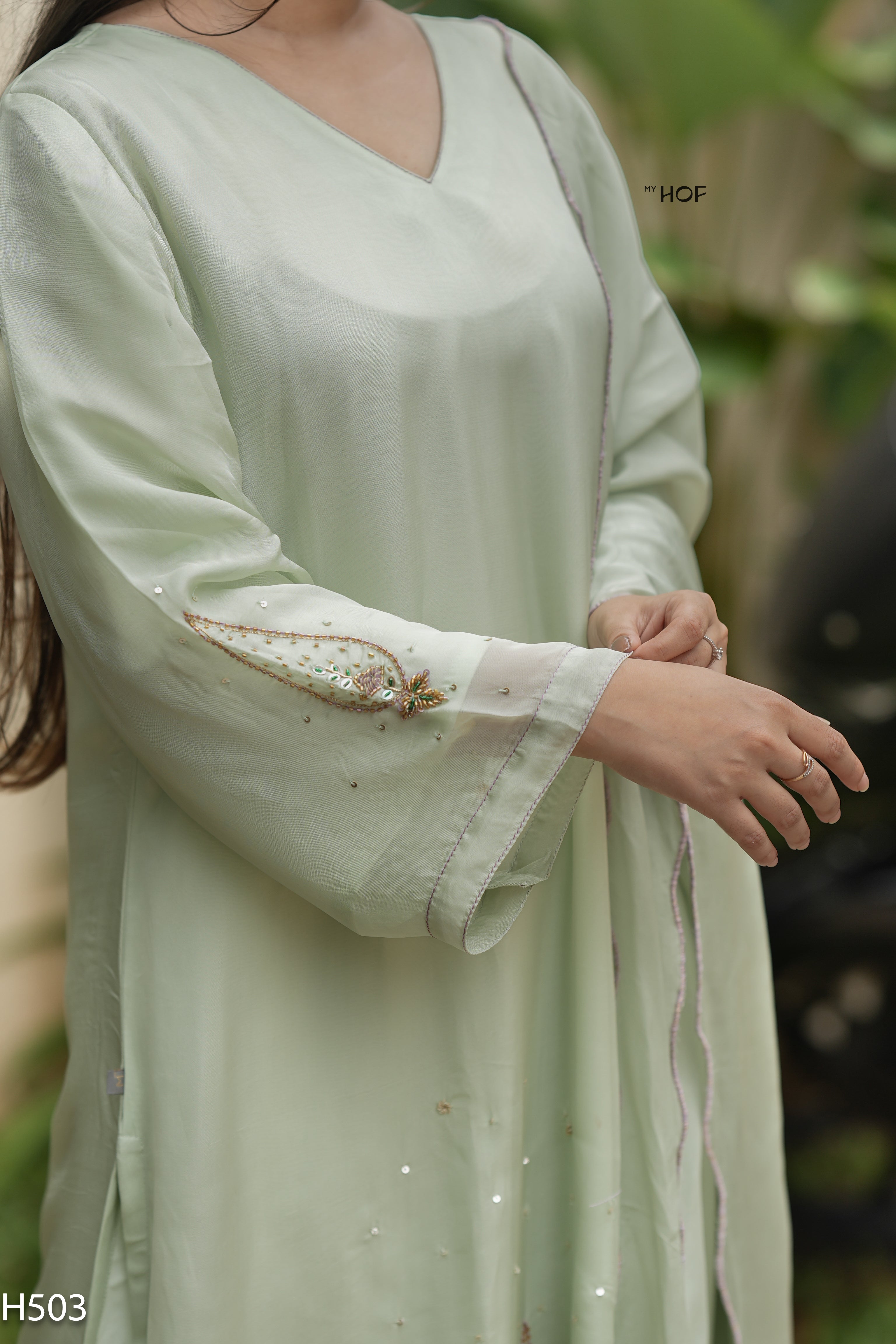 MY HOF Pista Green Suit Set With Hand Embroidery In Organza