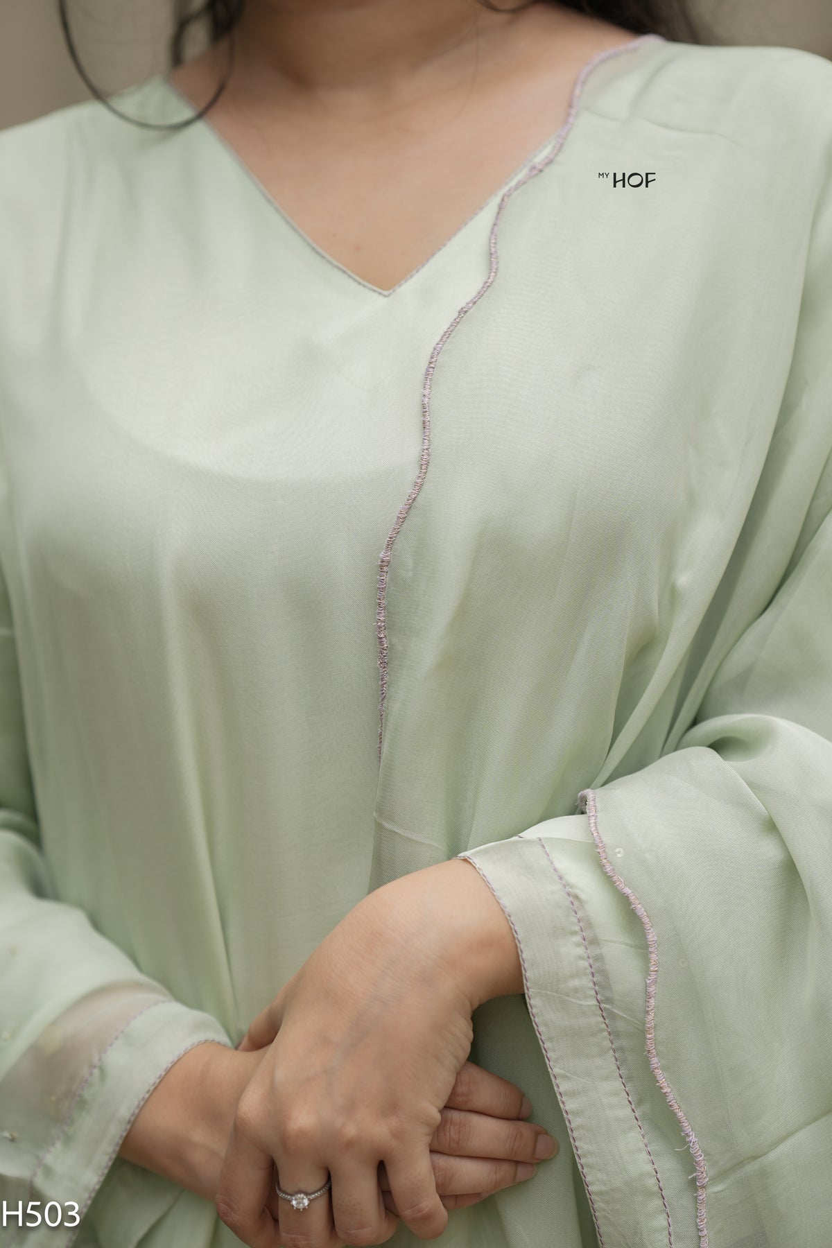 MY HOF Pista Green Suit Set With Hand Embroidery In Organza