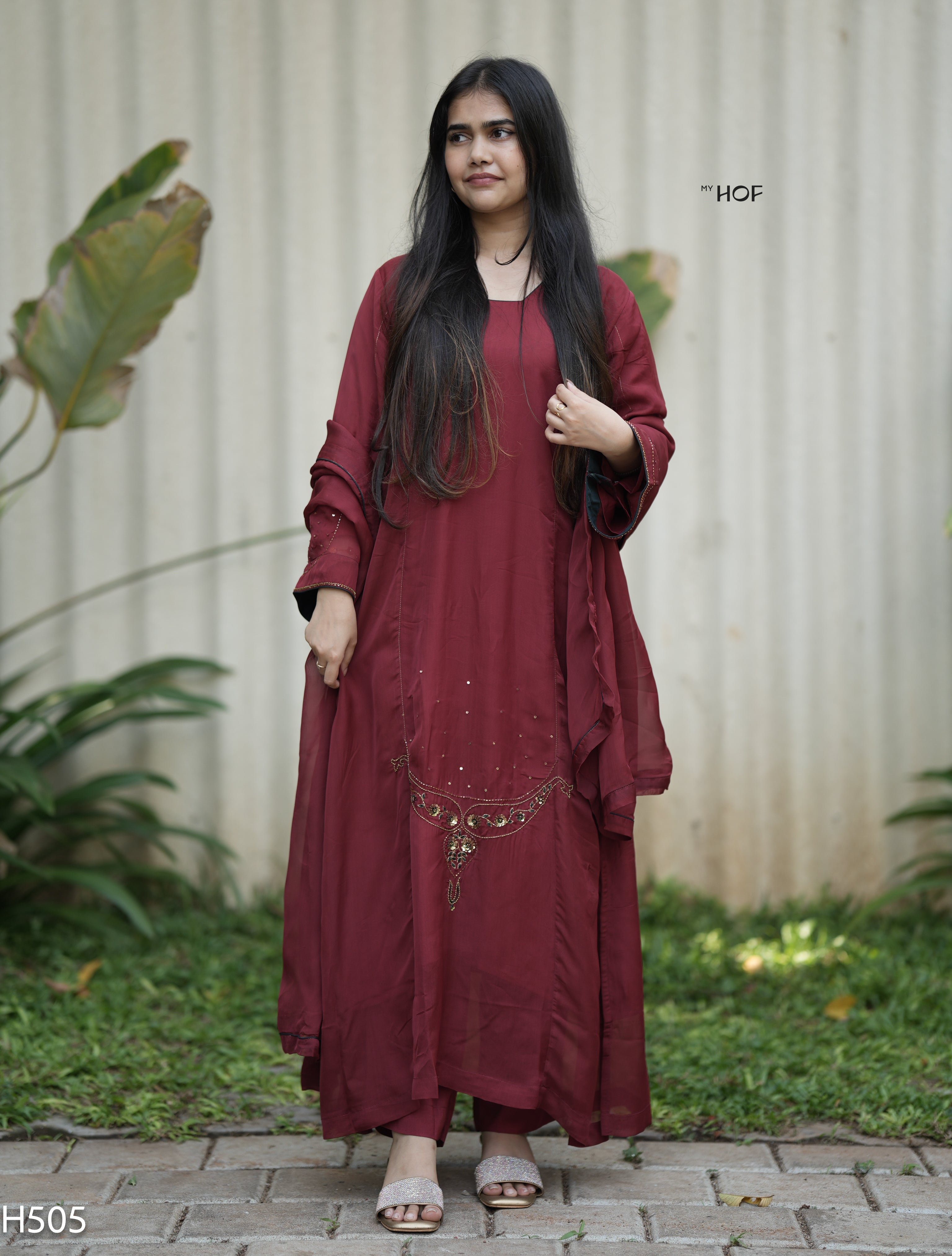 MY HOF Maroon Suit Set With Hand Embroidery In Organza