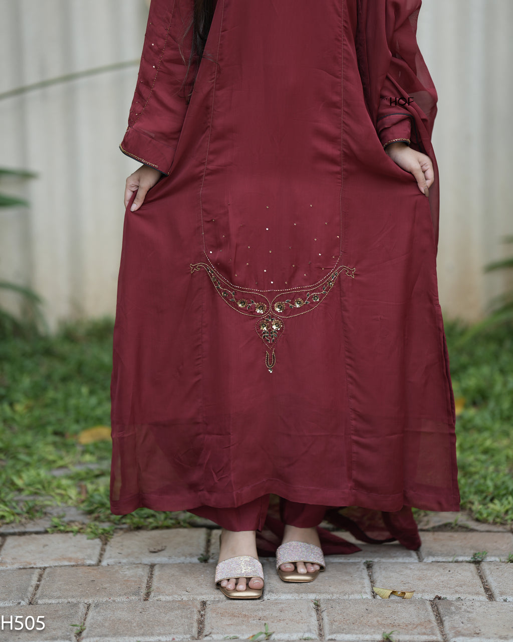 MY HOF Maroon Suit Set With Hand Embroidery In Organza