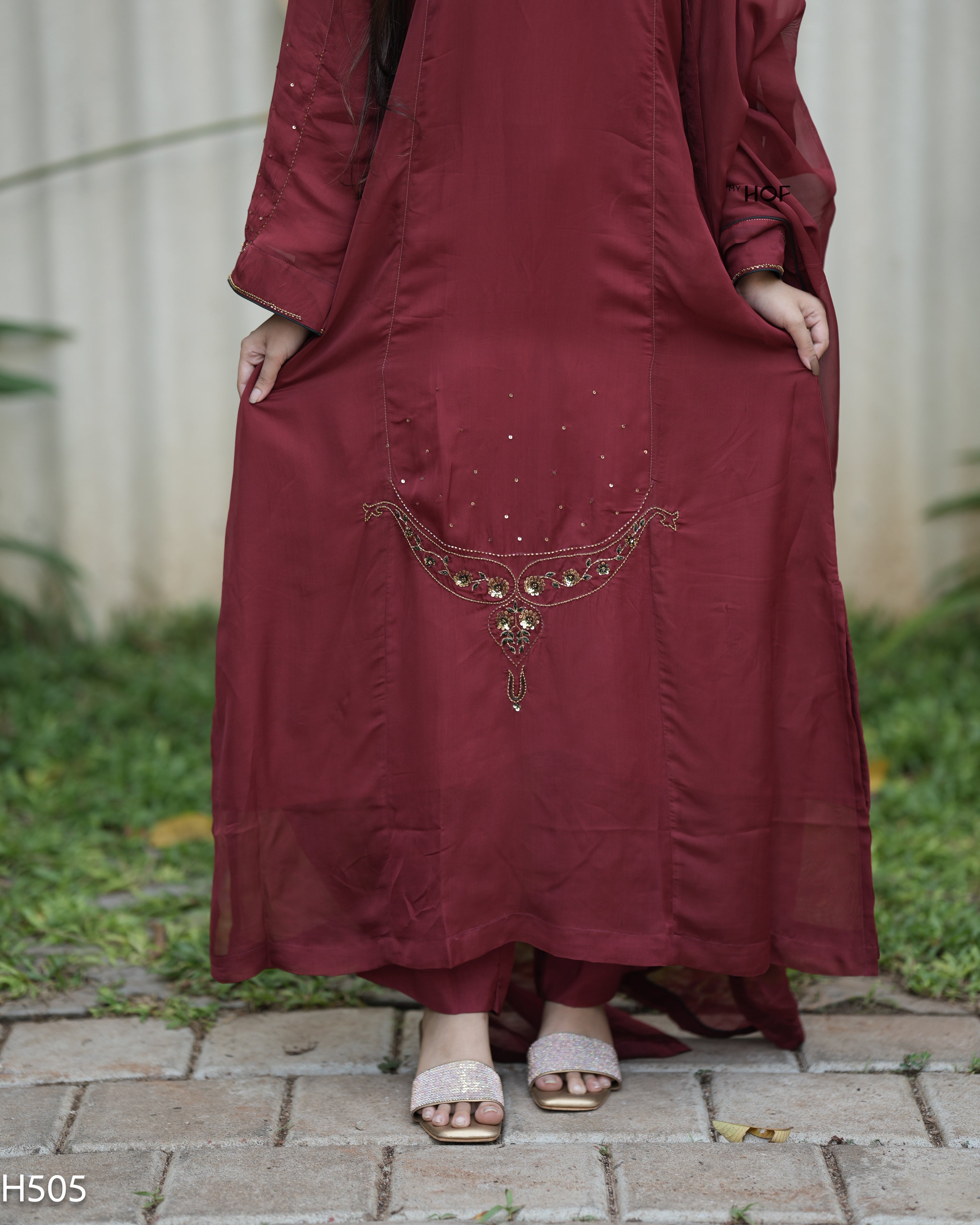 MY HOF Maroon Suit Set With Hand Embroidery In Organza