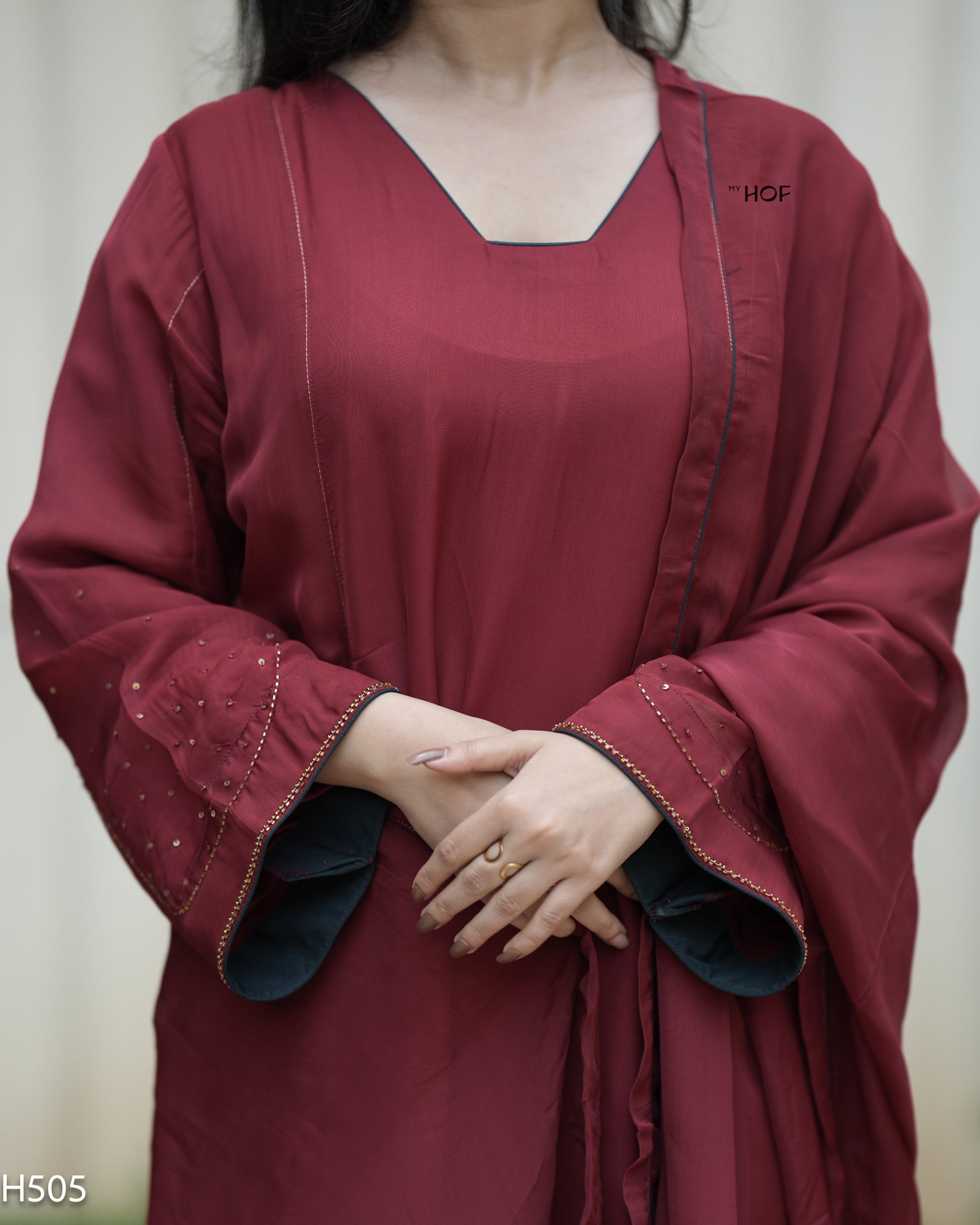 MY HOF Maroon Suit Set With Hand Embroidery In Organza