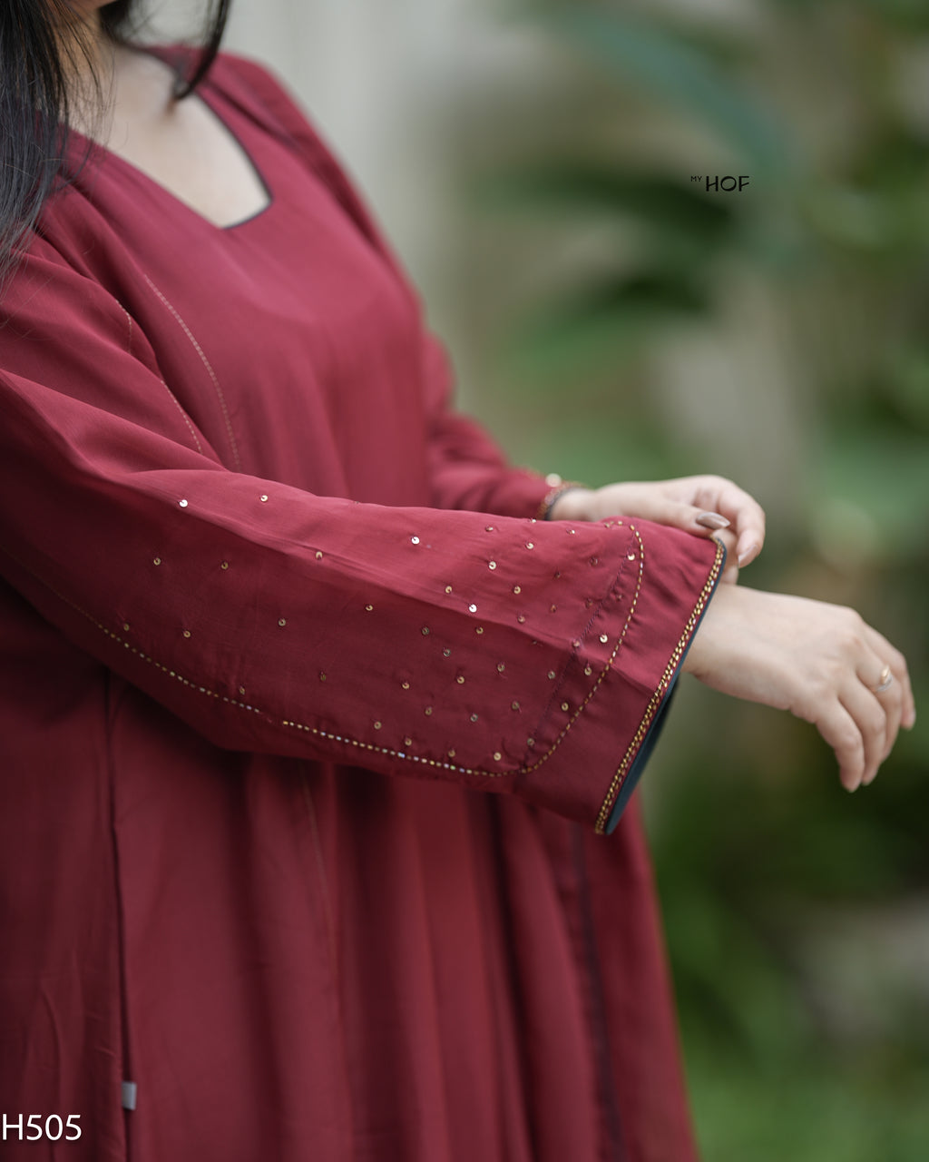 MY HOF Maroon Suit Set With Hand Embroidery In Organza