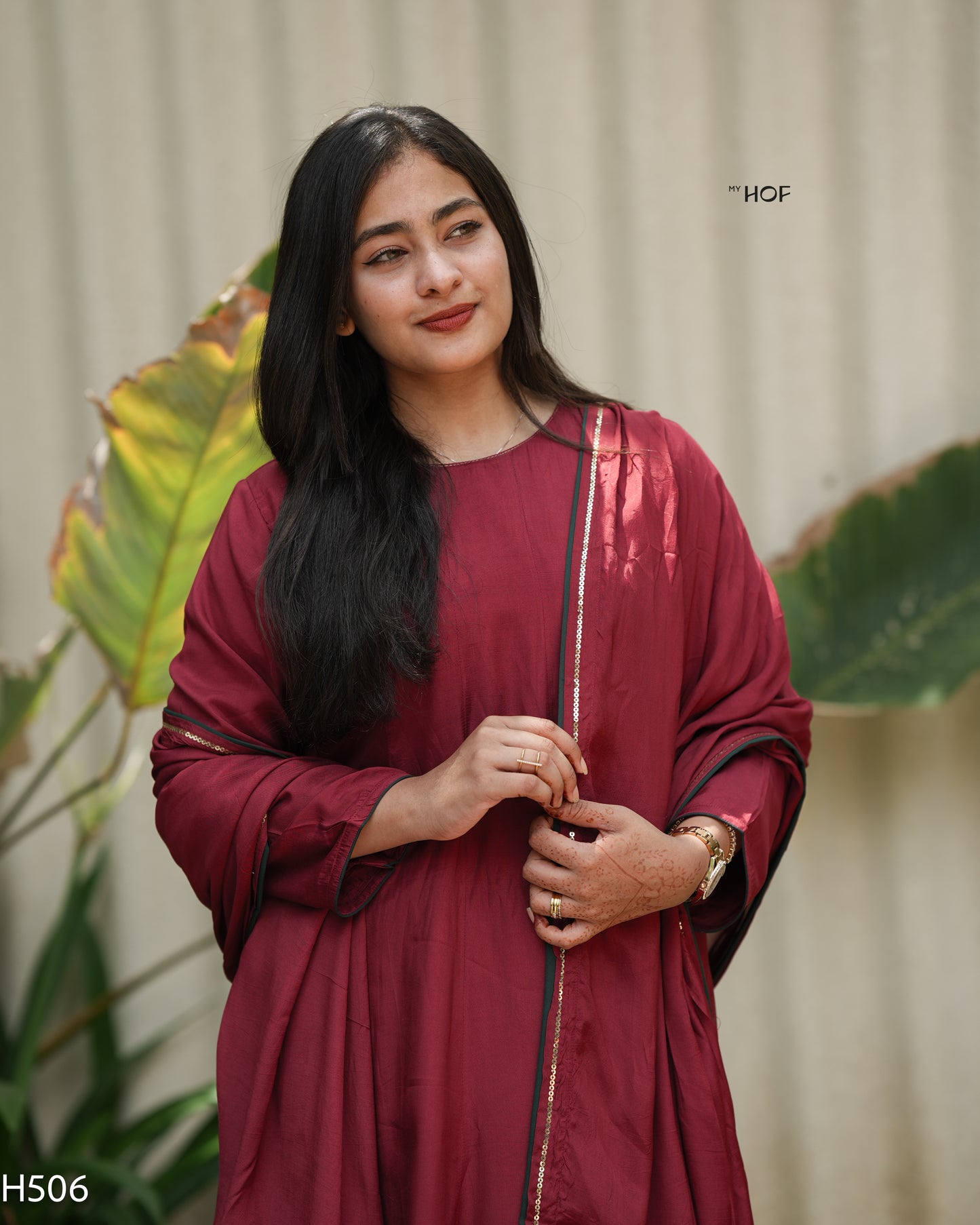 MY HOF Maroon Suit Set With Wand Embroidery In Muslin