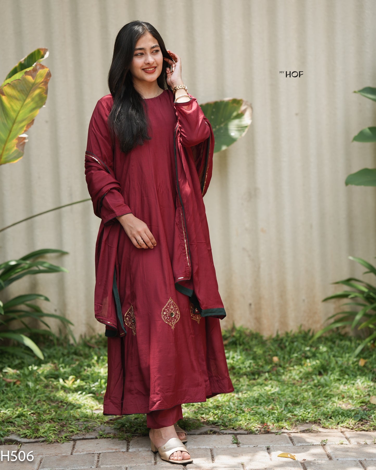 MY HOF Maroon Suit Set With Wand Embroidery In Muslin