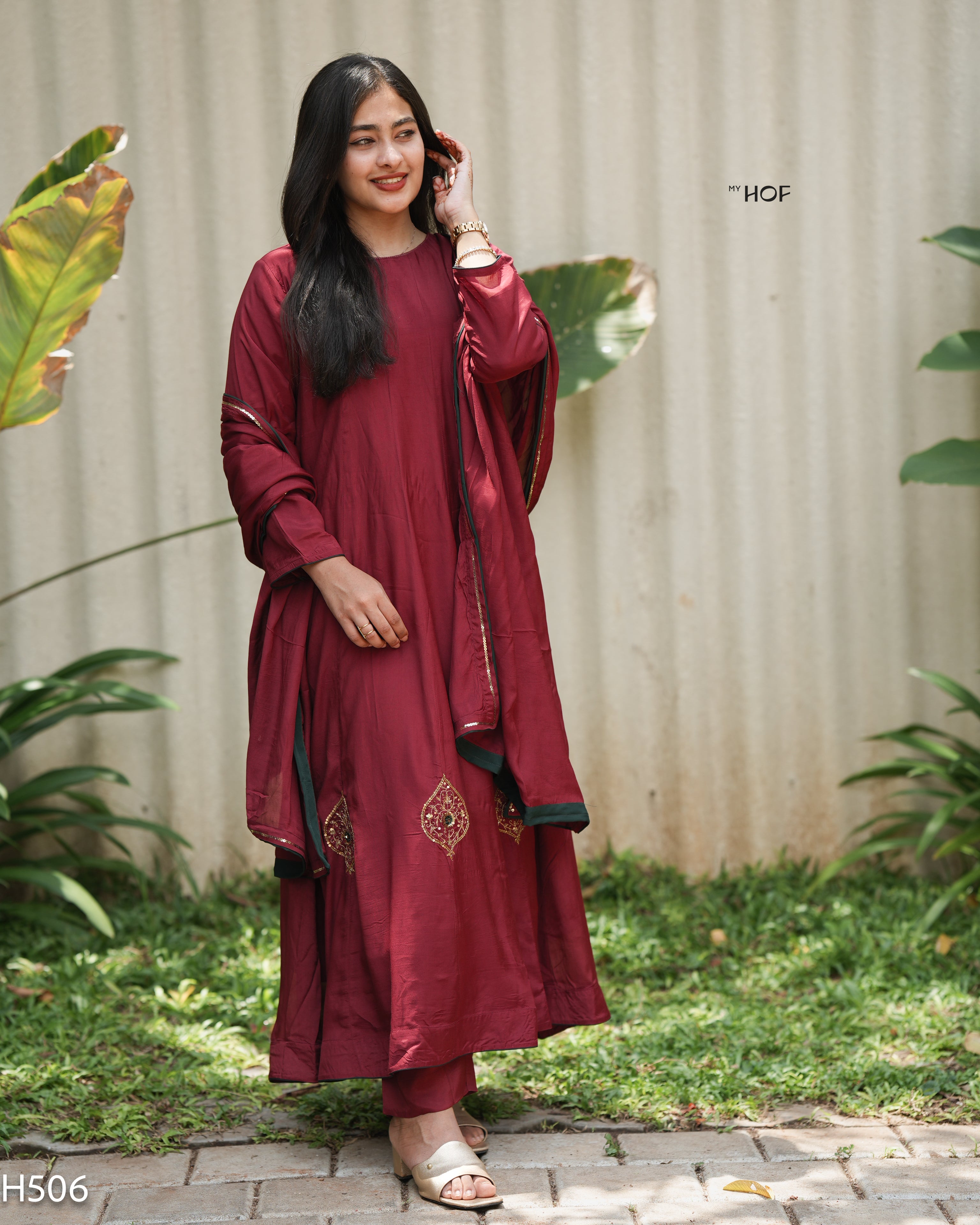 MY HOF Maroon Suit Set With Wand Embroidery In Muslin