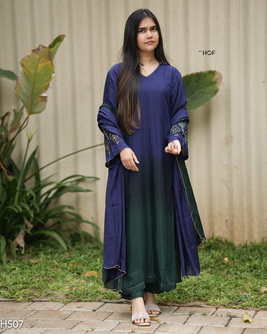 MY HOF Dual Shade Suit Set With Hand Embroidery In Muslin