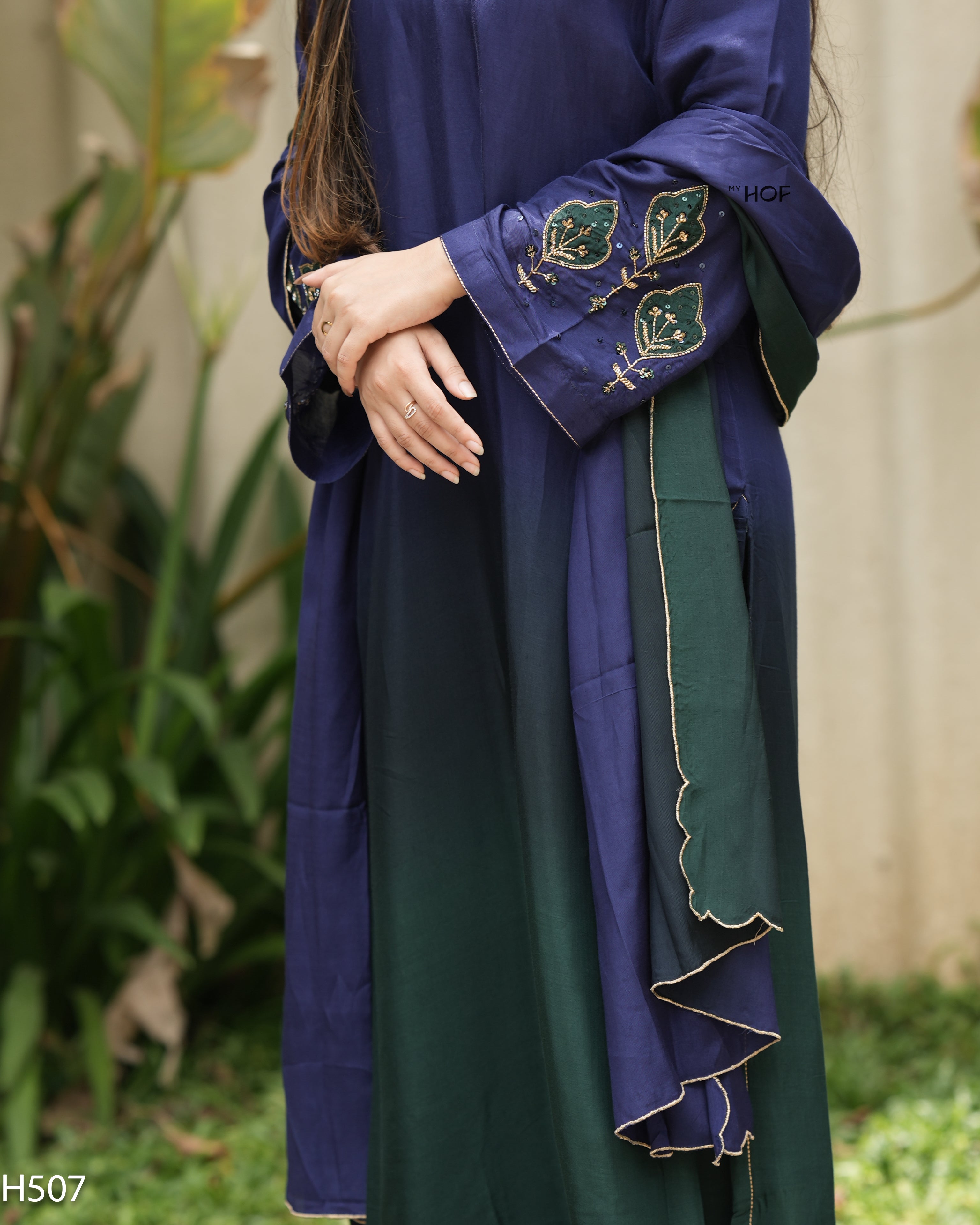 MY HOF Dual Shade Suit Set With Hand Embroidery In Muslin