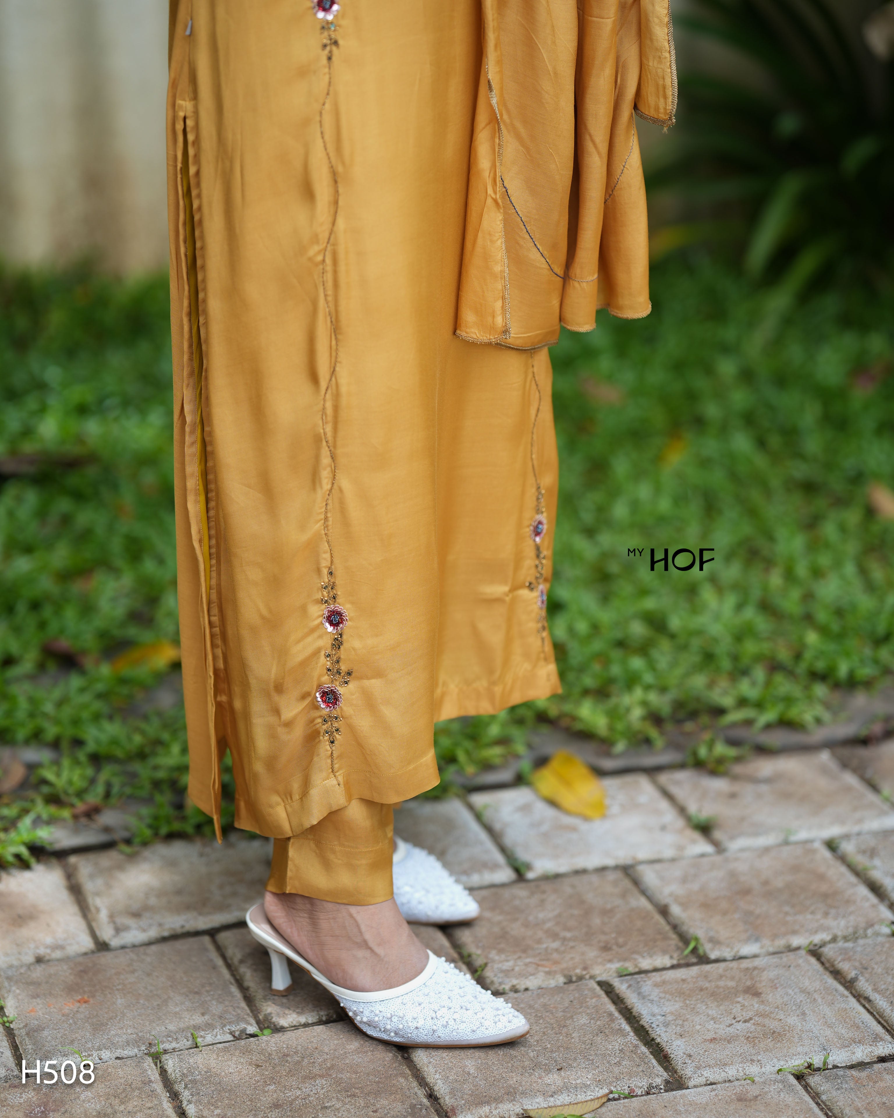 MY HOF Mustard Yellow Suit Set With Hand Embroidery In Muslin