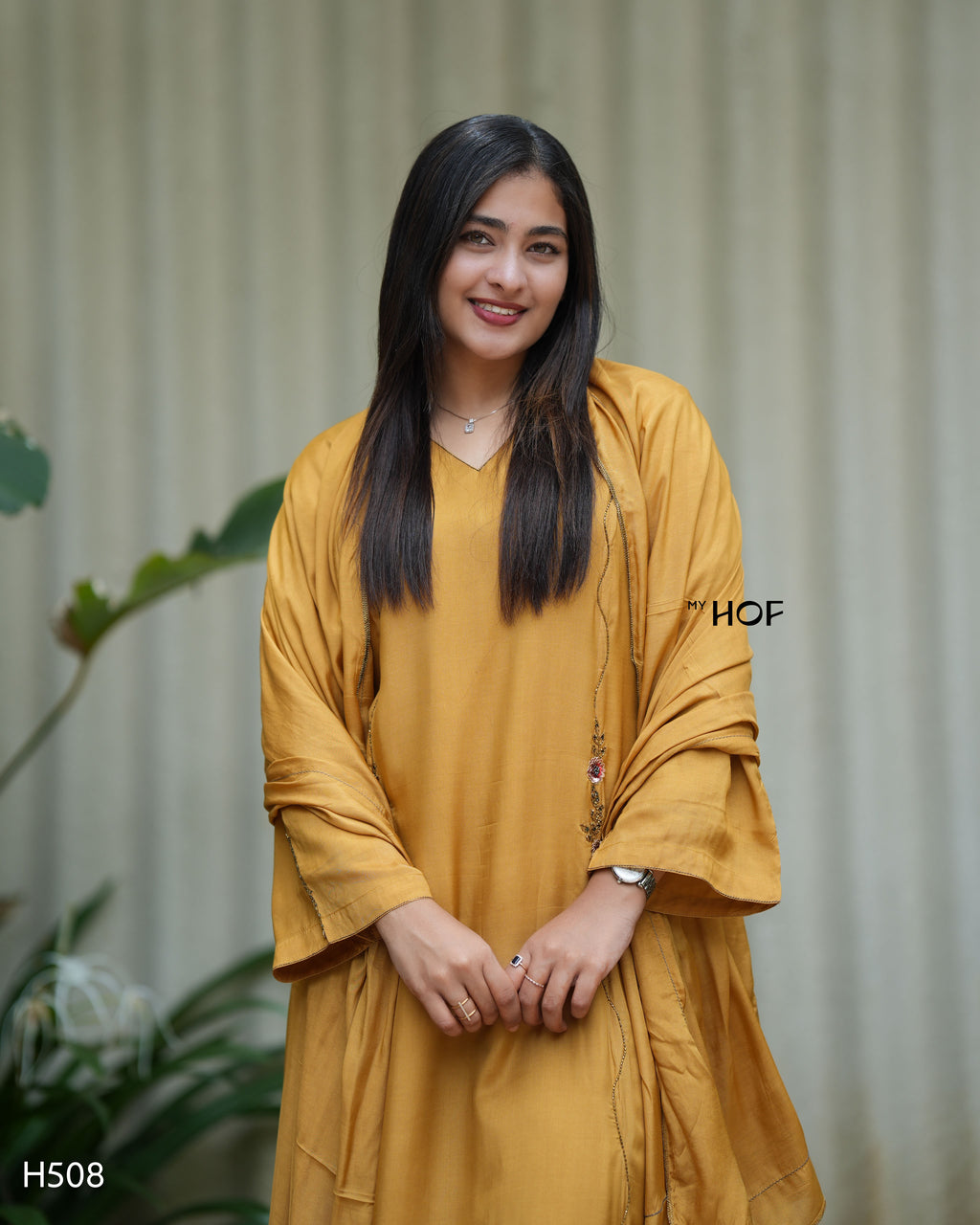 MY HOF Mustard Yellow Suit Set With Hand Embroidery In Muslin
