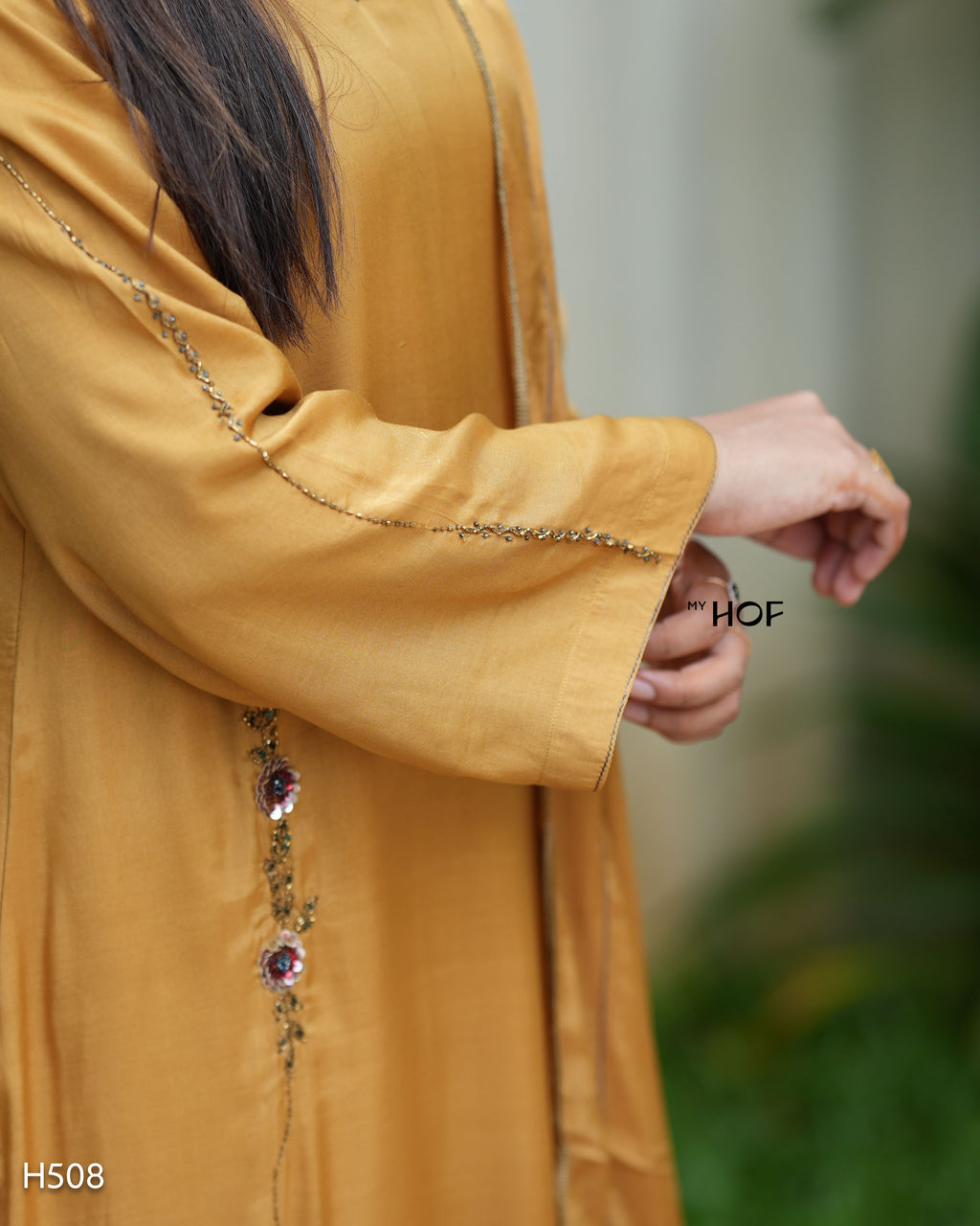 MY HOF Mustard Yellow Suit Set With Hand Embroidery In Muslin