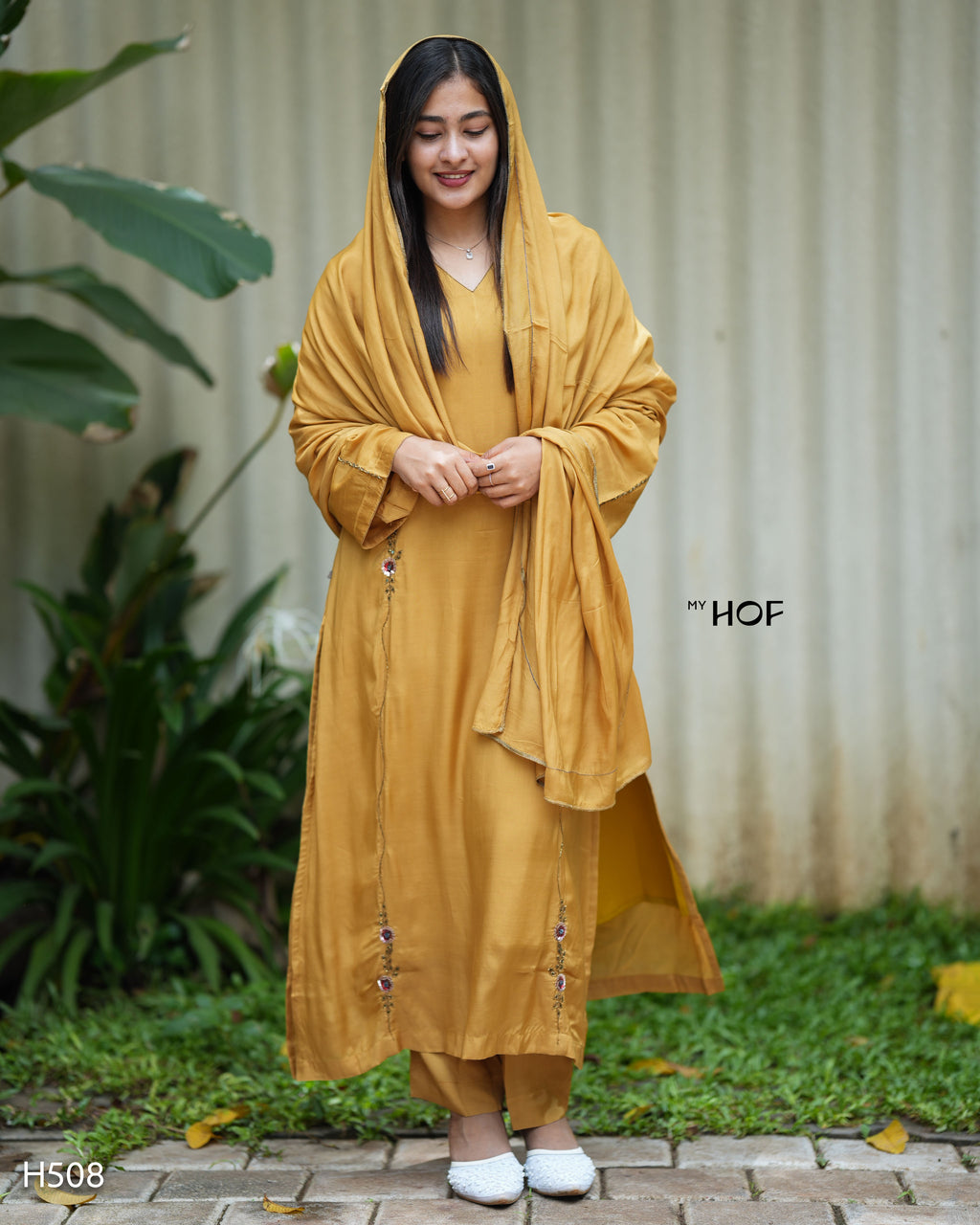 MY HOF Mustard Yellow Suit Set With Hand Embroidery In Muslin