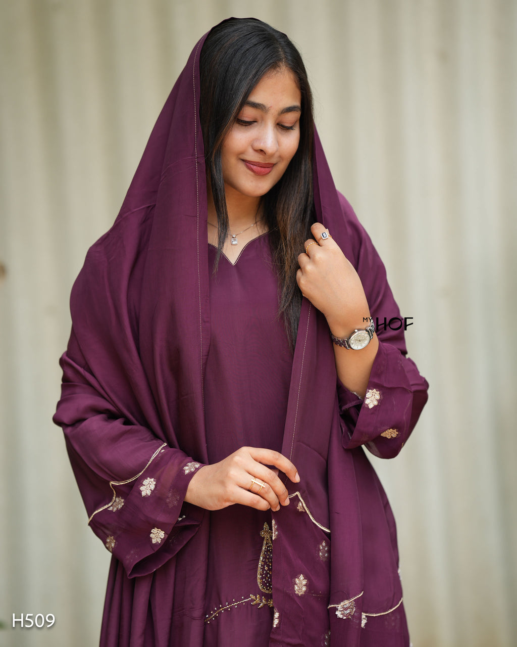 MY HOF Wine Farshi Salwar Set With Hand Embroidery In Crepe