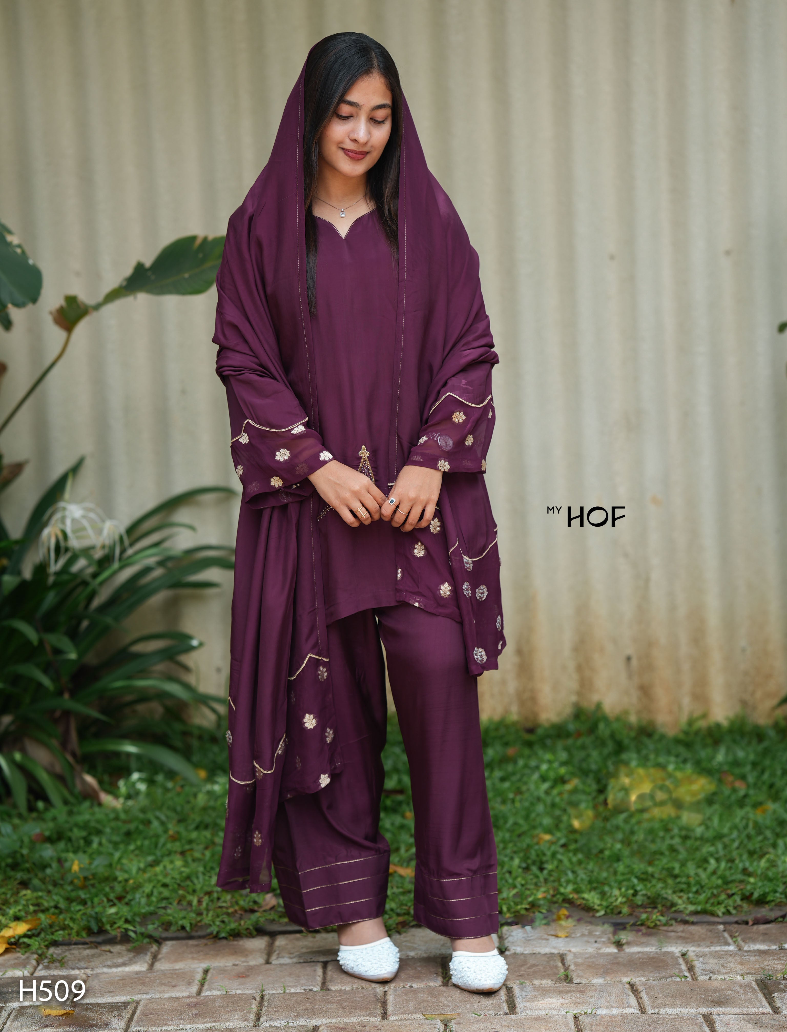 MY HOF Wine Farshi Salwar Set With Hand Embroidery In Crepe