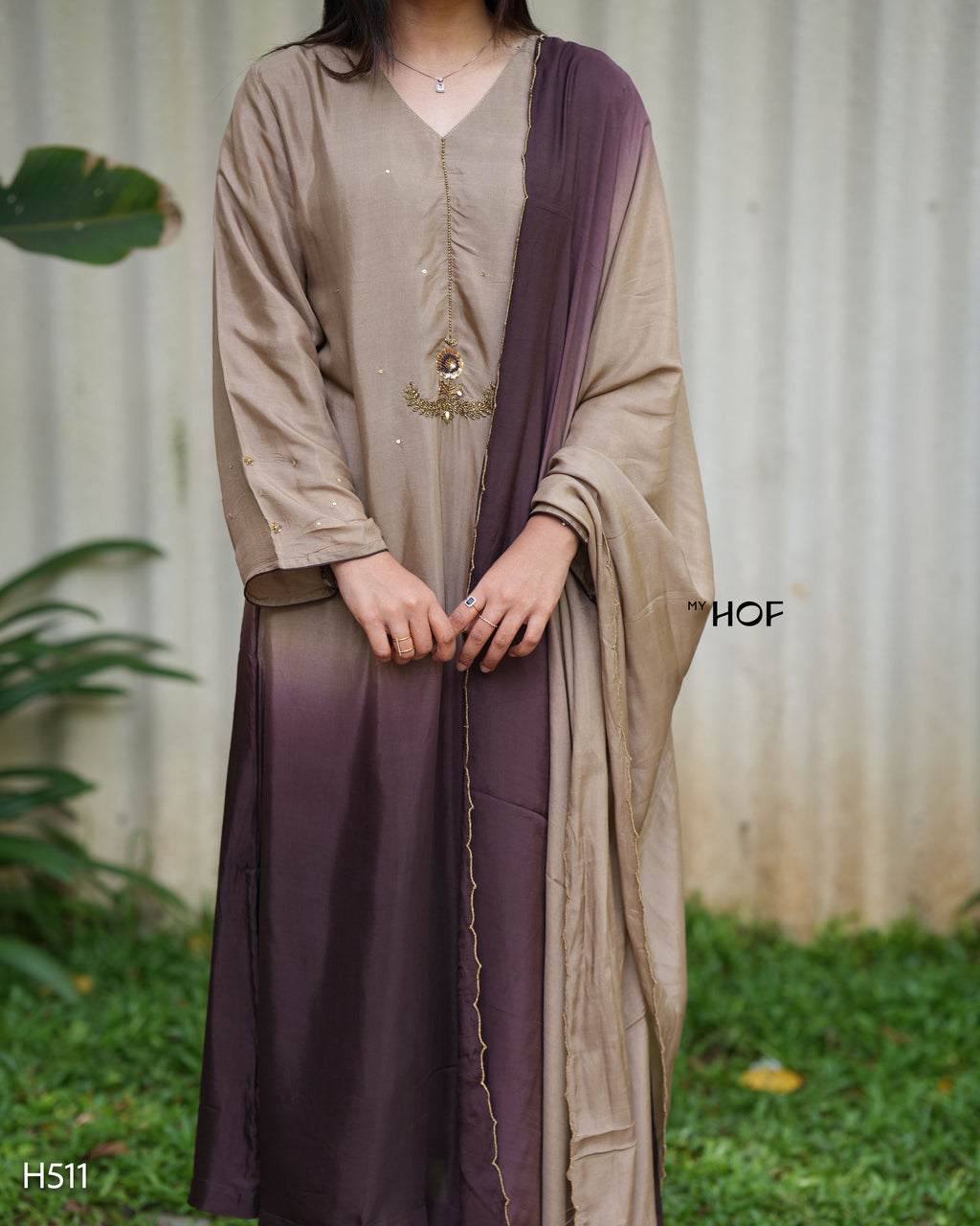 MY HOF Beige and Brown Dual Shade Suit Set With Hand Embroidery In Muslin