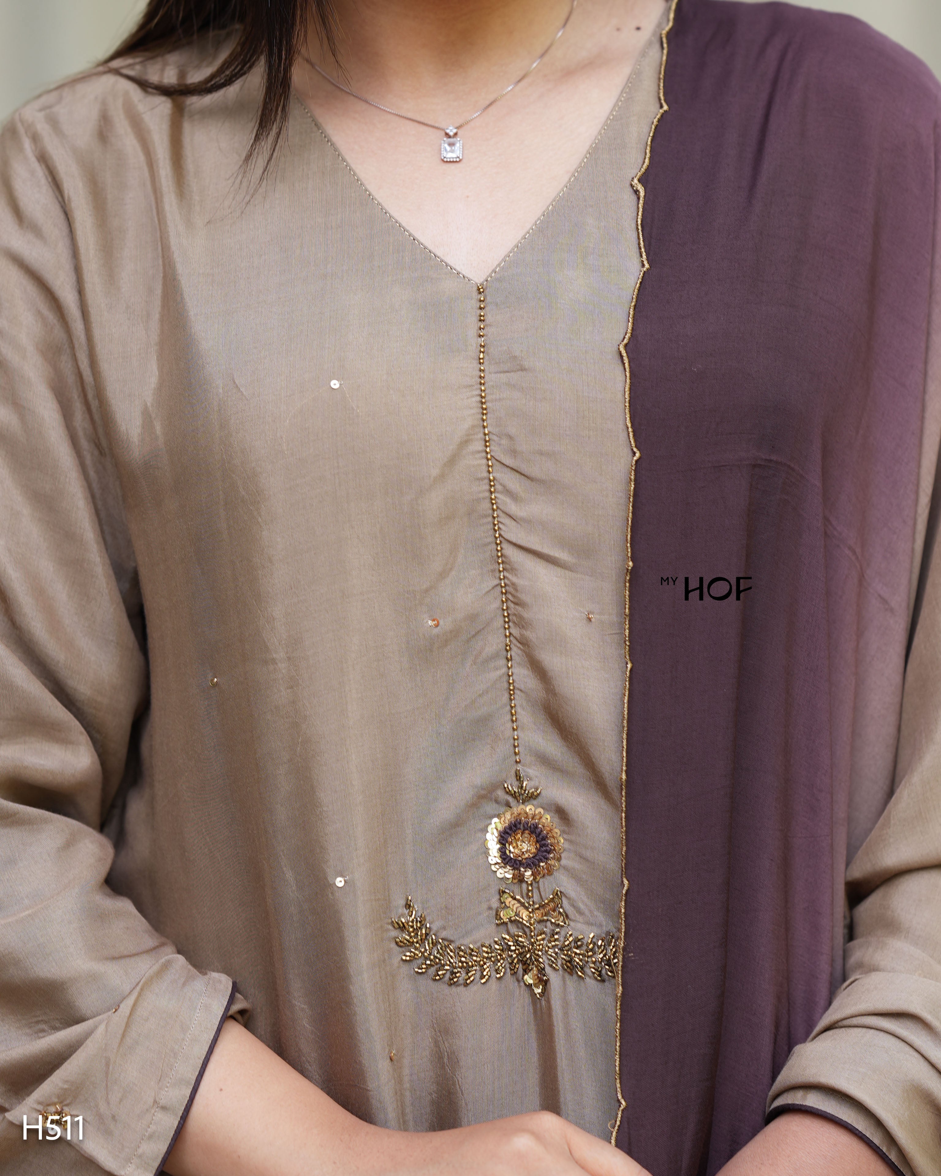 MY HOF Beige and Brown Dual Shade Suit Set With Hand Embroidery In Muslin