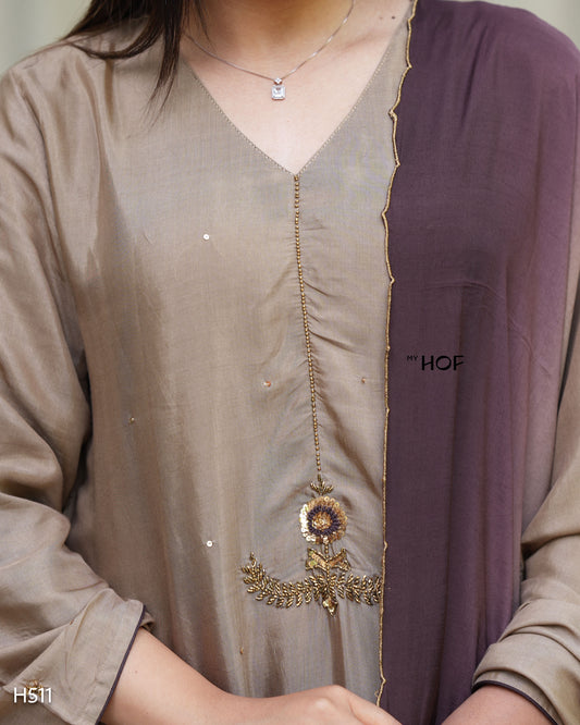 MY HOF Beige and Brown Dual Shade Suit Set With Hand Embroidery In Muslin