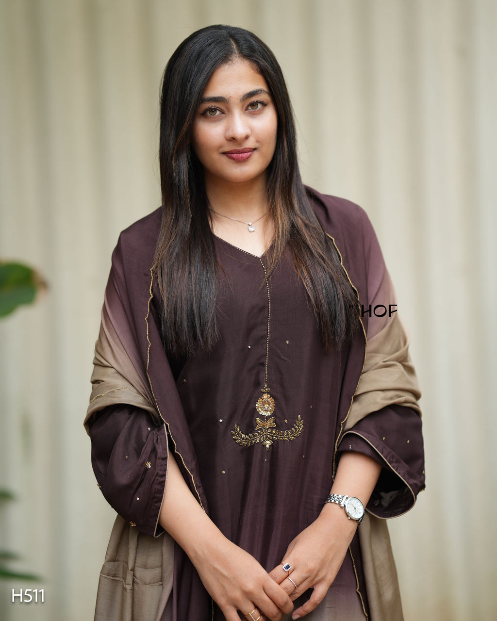 MY HOF Brown And Cream Dual Shade Suit Set With Hand Embroidery In Muslin