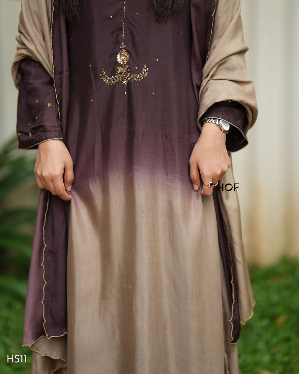 MY HOF Brown And Cream Dual Shade Suit Set With Hand Embroidery In Muslin
