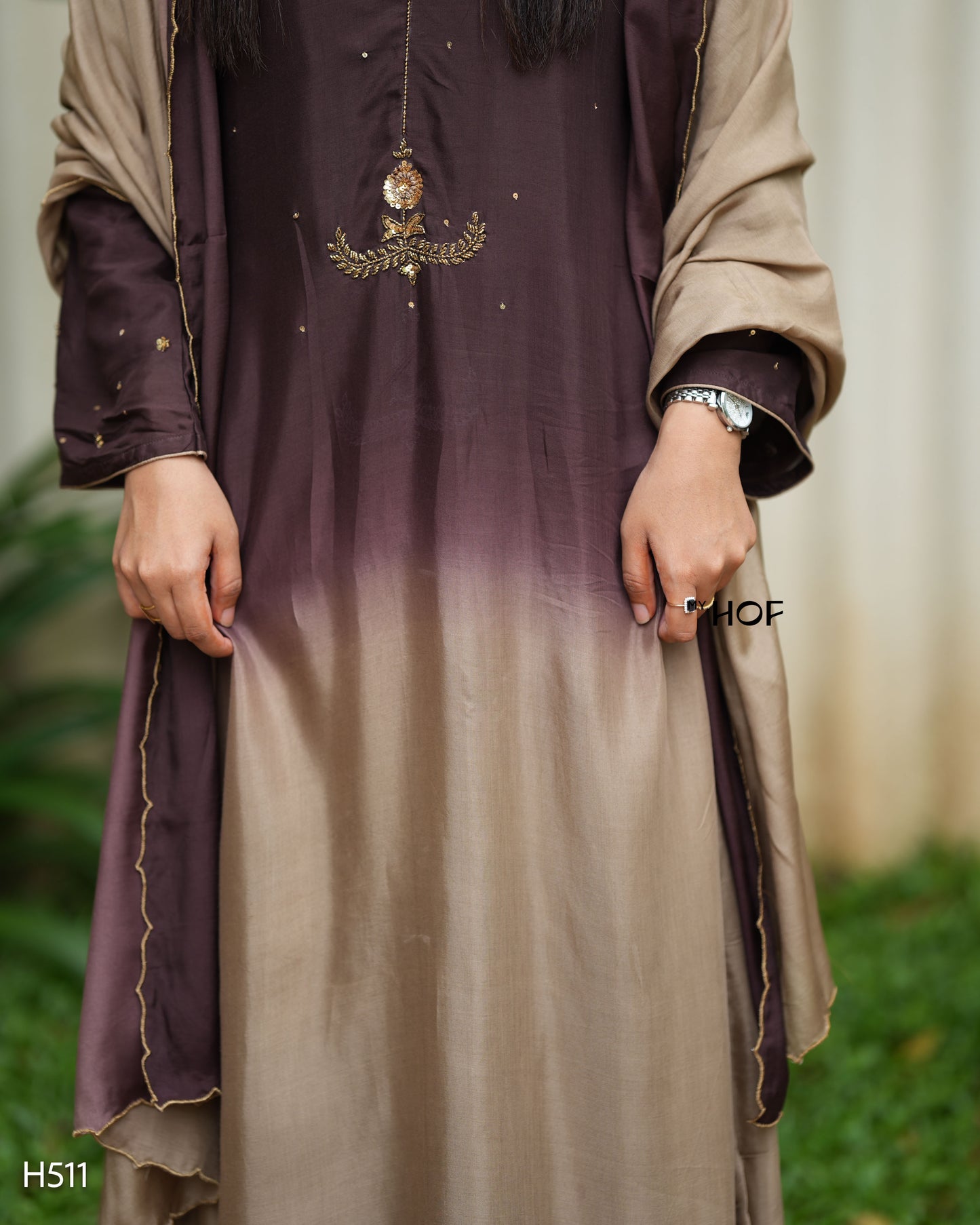 MY HOF Brown And Beige Dual Shade Suit Set With Hand Embroidery In Muslin