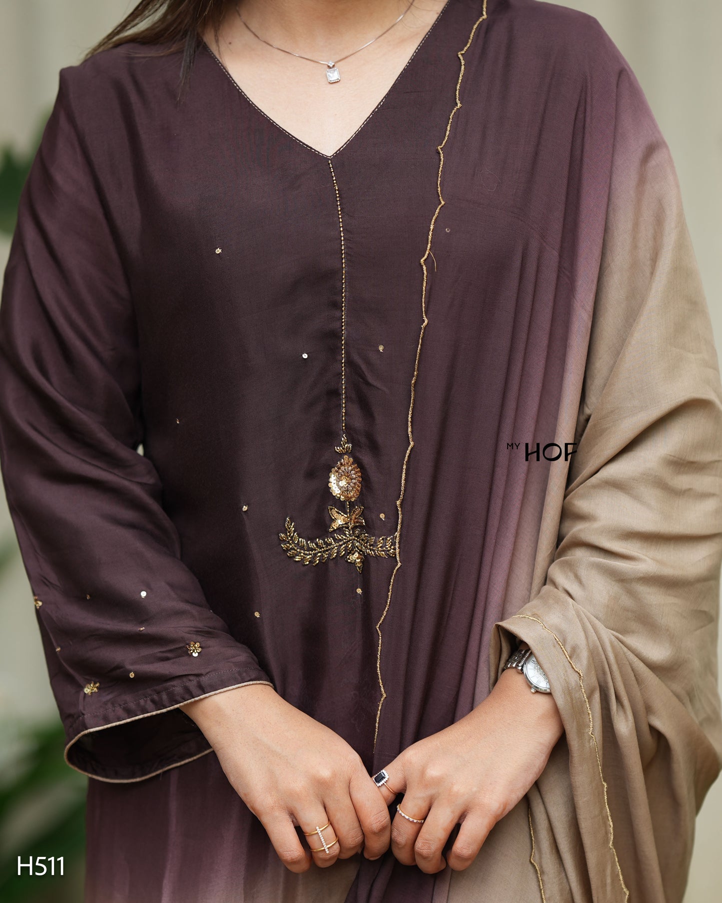 MY HOF Brown And Beige Dual Shade Suit Set With Hand Embroidery In Muslin